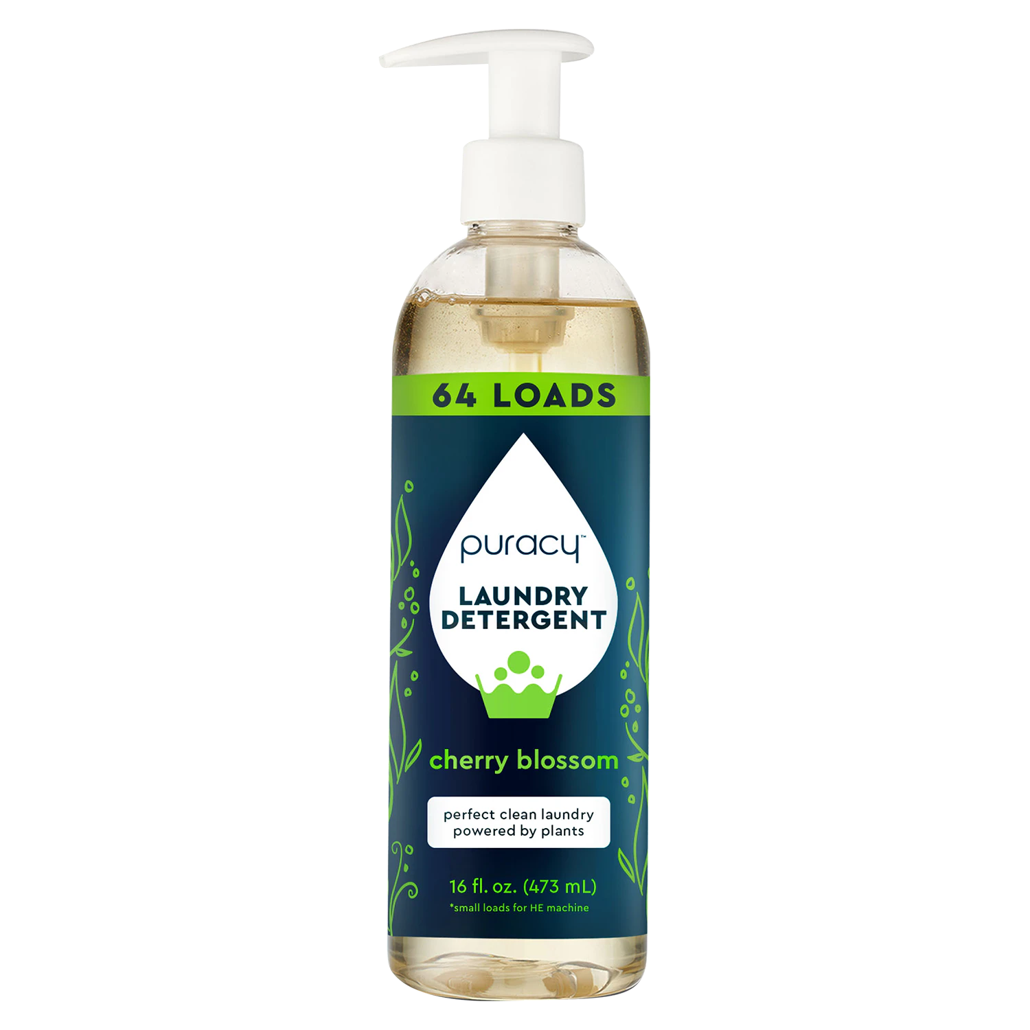 Bottle of Puracy Laundry Detergent (Concentrated, Sulfate-Free) with cherry blossom scent, 16 fl. oz., hypoallergenic and 10x concentration for 64 loads.#scent_cherry-blossom|size_standard