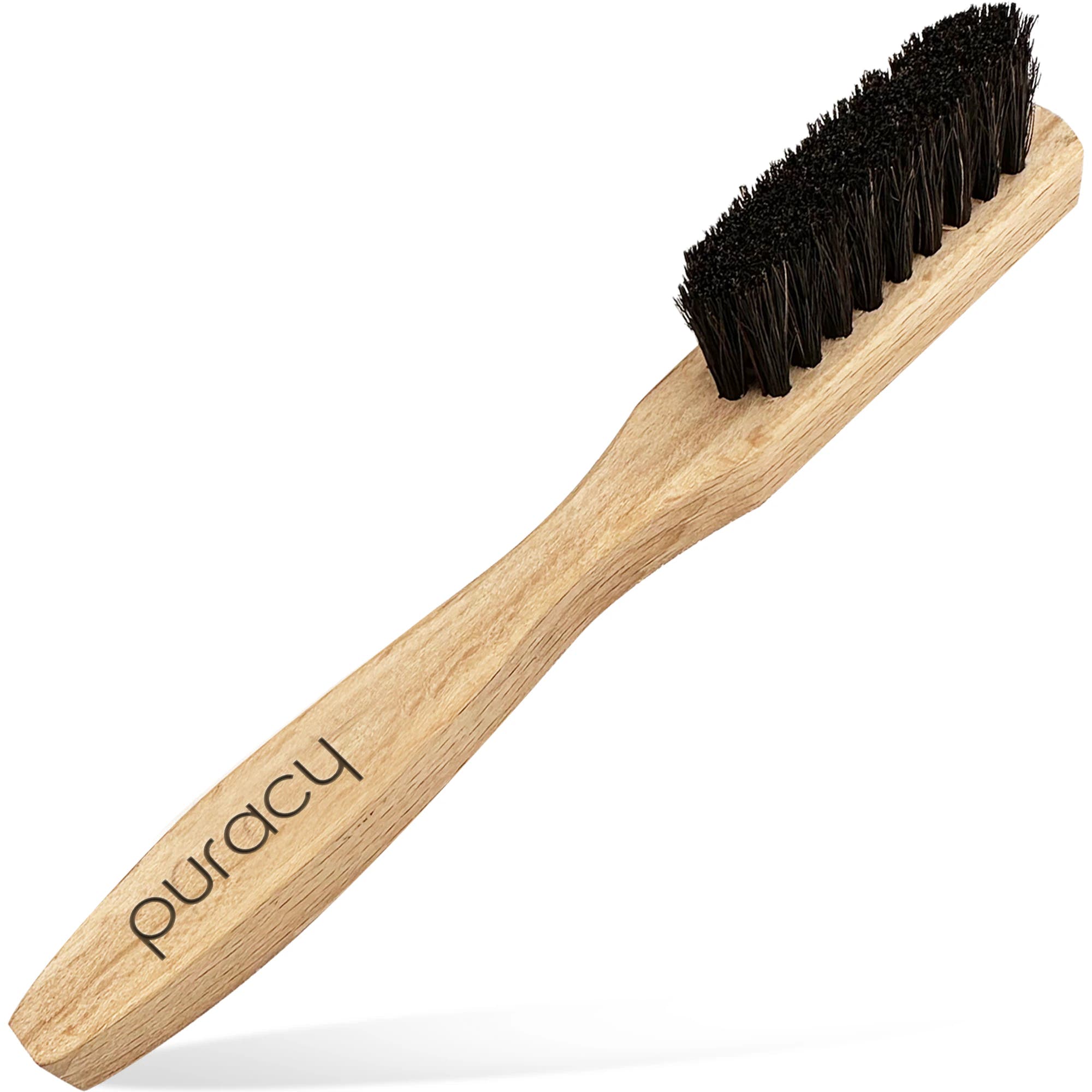 Wooden brush with black bristles on a white background, branded 'Puracy'.