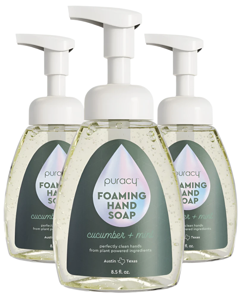 Three bottles of Foaming Hand Soap featuring cucumber and mint scent, made with plant-based ingredients for an environmentally friendly option.