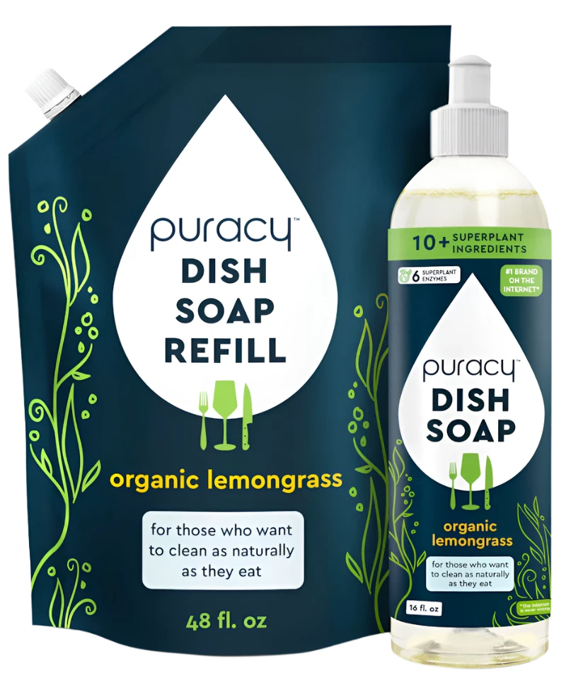 The Natural Dish Soap and its refill pouch, both recognized for their eco-friendly natural cleaning capabilities, provide a refreshing natural fragrance.