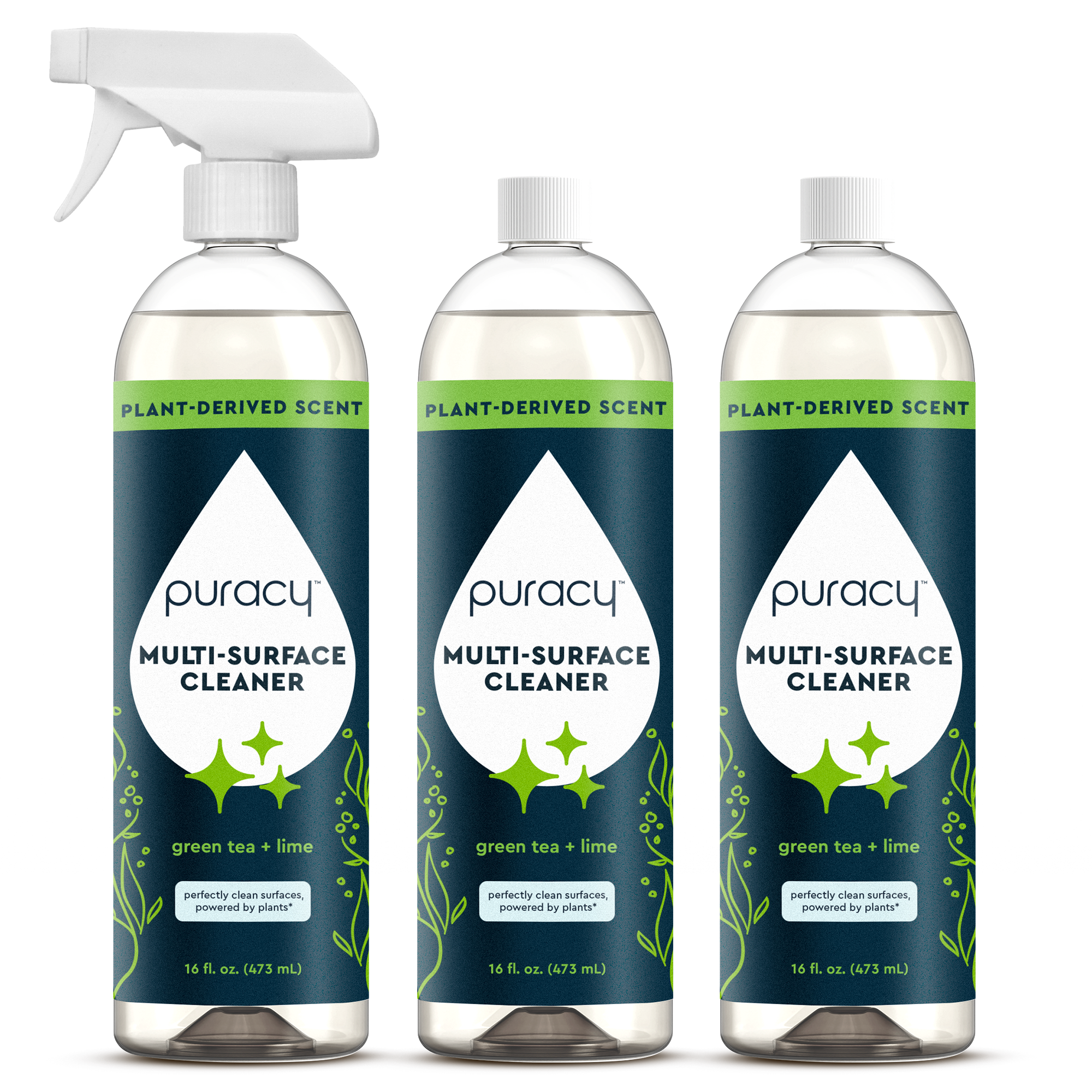 Three bottles of Multi-Surface Cleaner Spray, green tea & lime scent, with plant graphics.