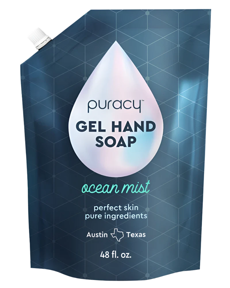 The Gel Hand Soap pouch by Puracy, with its ocean mist scent, delivers a soothing hand cleansing experience using gel soap made from plant-derived ingredients. Its pure element blend is ideal for skin care and comes in a substantial 48 fl. oz. size, providing moisturizing and hydrating benefits with every wash.