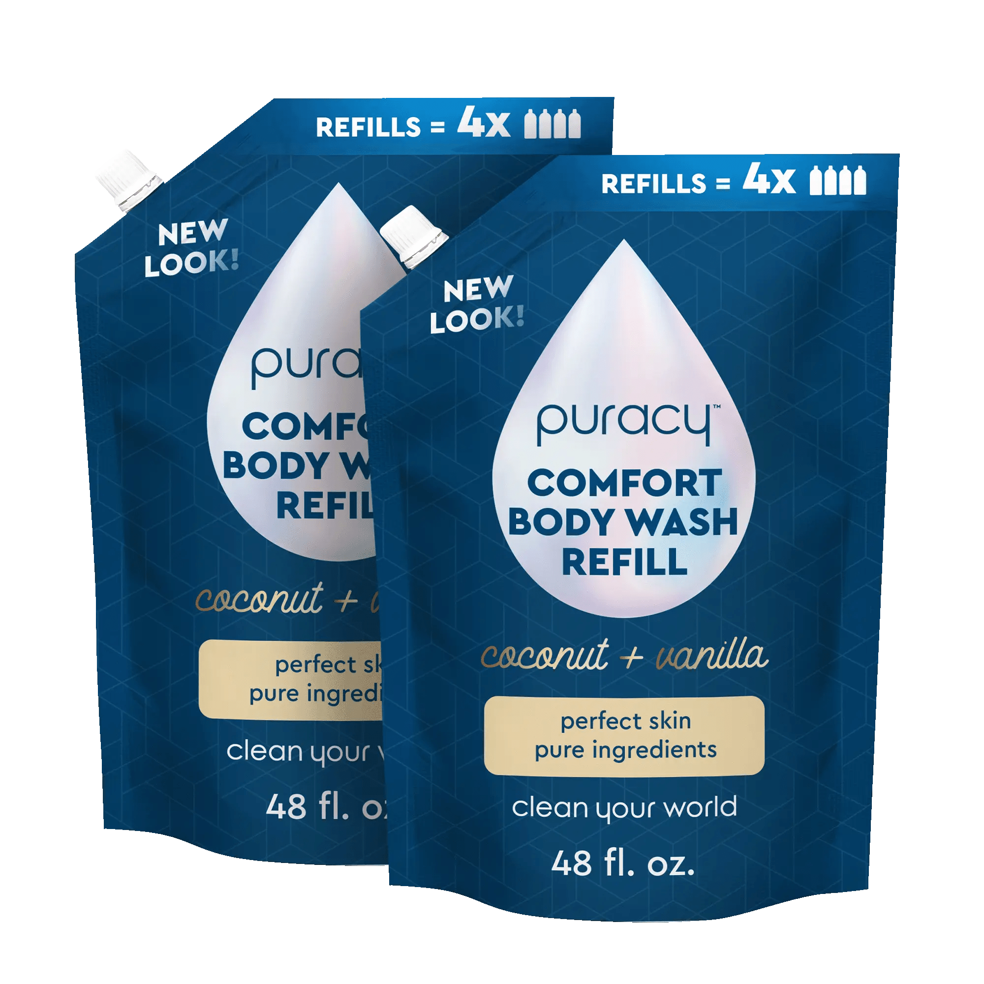 Two 48 fl. oz blue pouches of Puracy Refillable Natural Body Wash, coconut vanilla scent, hypoallergenic.