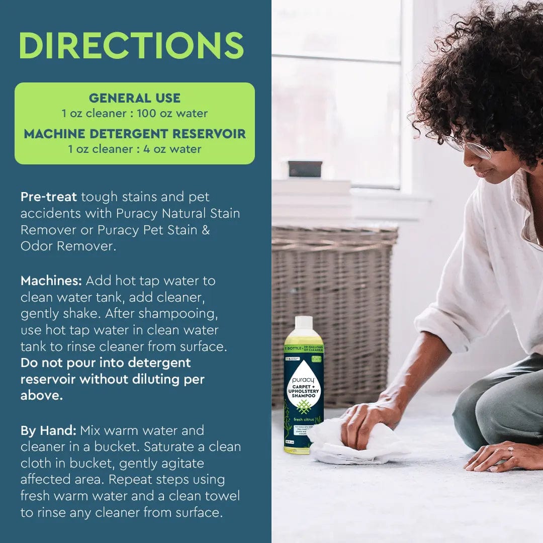 A person hand-cleans the floor with a towel using 4x concentrated Carpet & Upholstery Shampoo.