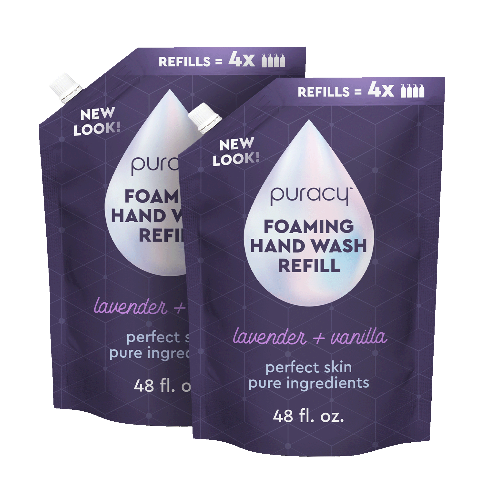 Two biodegradable purple refill pouches of Foaming Hand Soap by Puracy, each offering 48 fl oz of eco-friendly, plant-based ingredients in a lavender and vanilla scent.