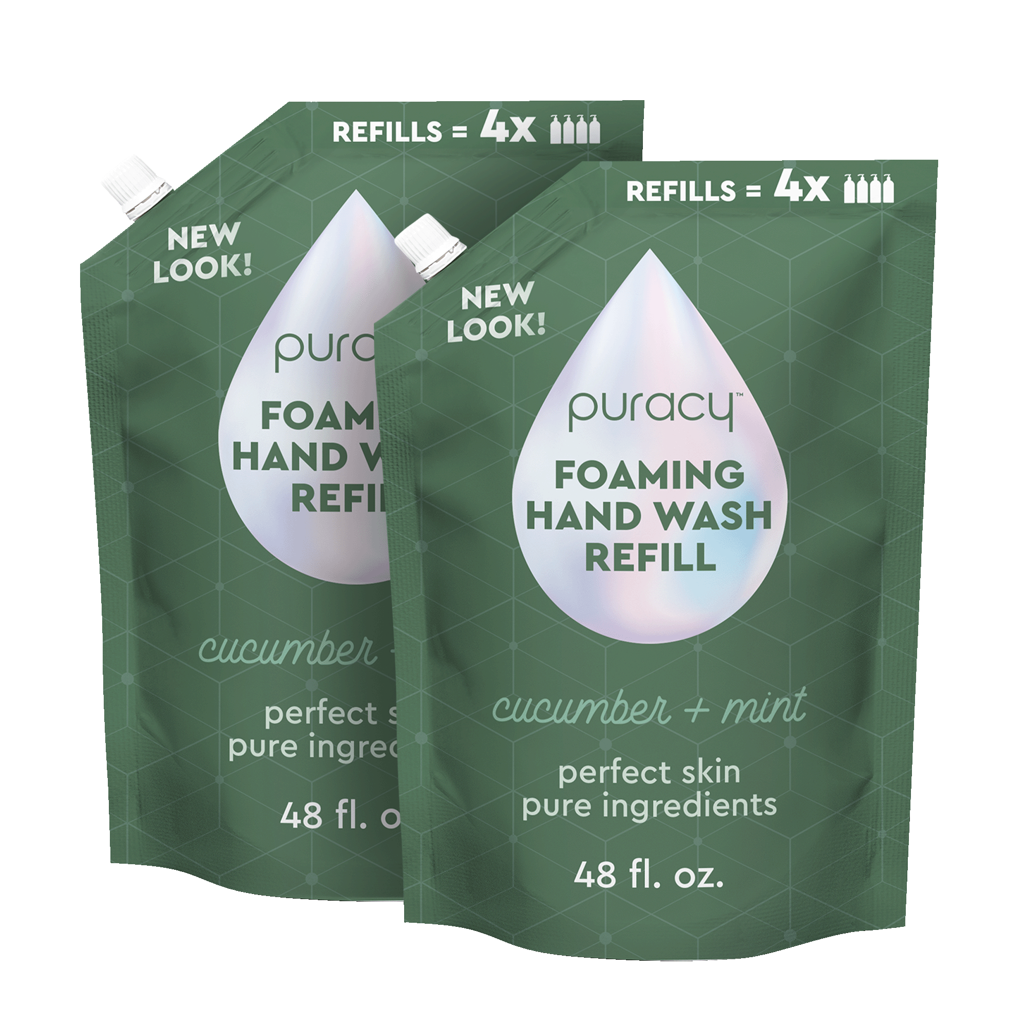 Two green pouches of Foaming Hand Soap Refills, cucumber mint scent, each 48 fl. oz., featuring eco-friendly, plant-based ingredients.