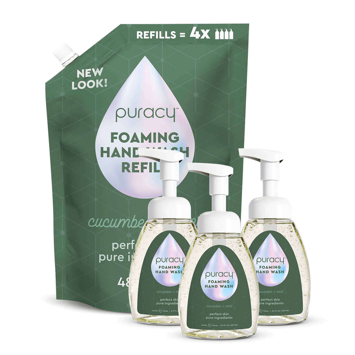 The Foaming Hand Soap refill pouch and set of three soap dispensers offer a refreshing cucumber and mint scent, made with eco-friendly, plant-based ingredients.