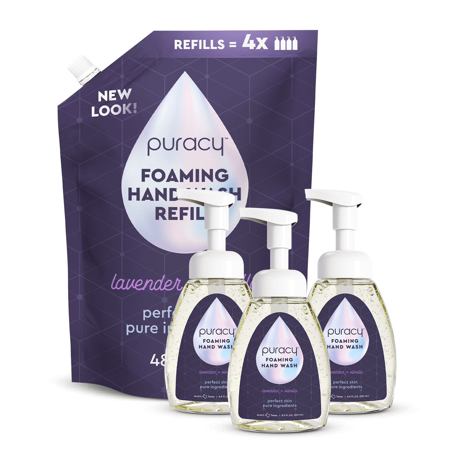 The Foaming Hand Soap set includes a refill pouch and three pump bottles, featuring plant-based ingredients, making it an eco-friendly choice with a soothing lavender scent.