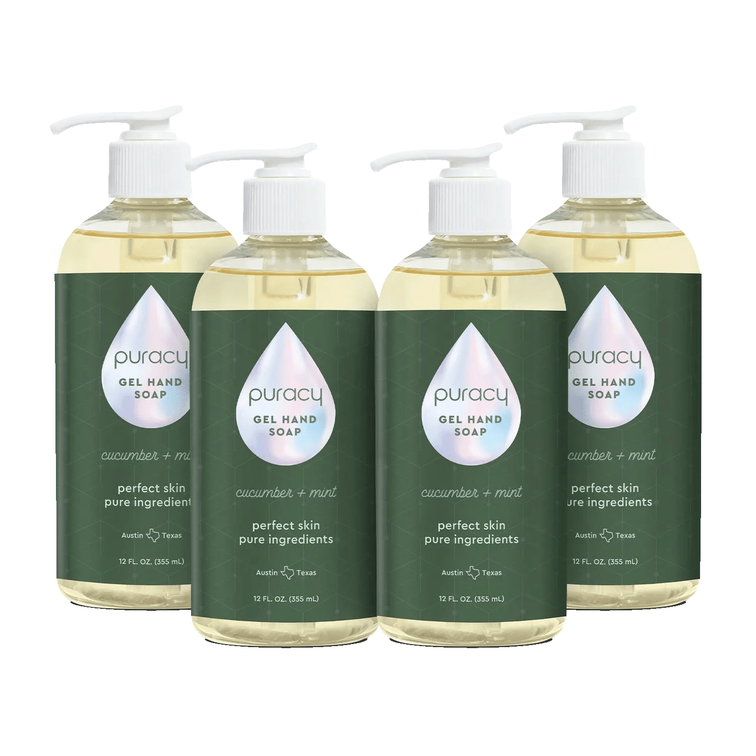 A set of four bottles of Gel Hand Soap with cucumber mint scent, featuring pump dispensers and formulated with plant-derived ingredients for a hydrating clean.