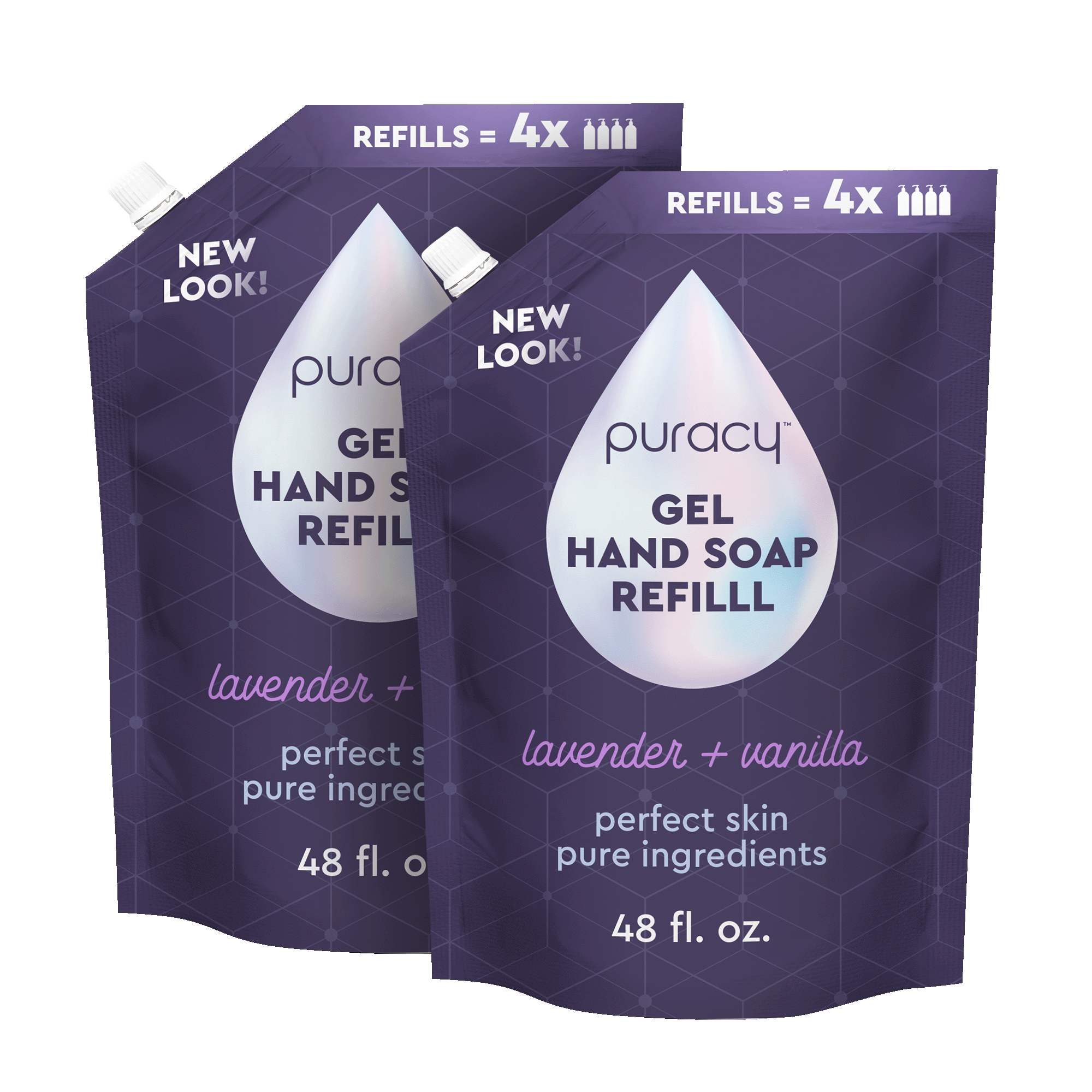 Two pouches of Gel Hand Soap refill with moisturizing and hydrating plant-derived ingredients, in a lavender vanilla scent, 48 fl oz each.