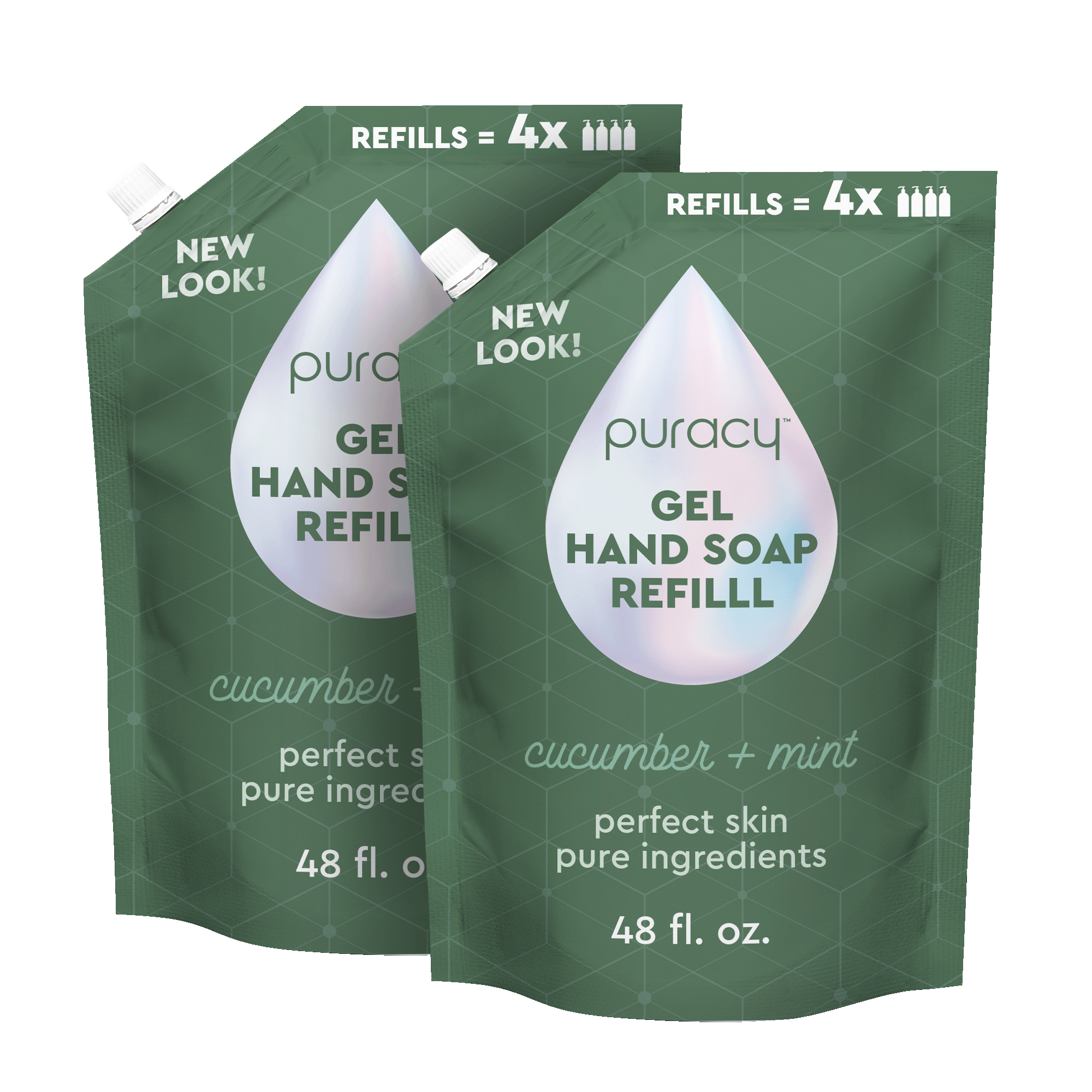 Two pouches of Puracy Gel Hand Soap in the cucumber + mint scent, each containing 48 fl oz, featuring a "New Look!" label. This moisturizing and hydrating gel hand soap is made with plant-derived ingredients for a refreshing clean.#scent_cucumber-&-mint|size_refill-(pack-of-2)