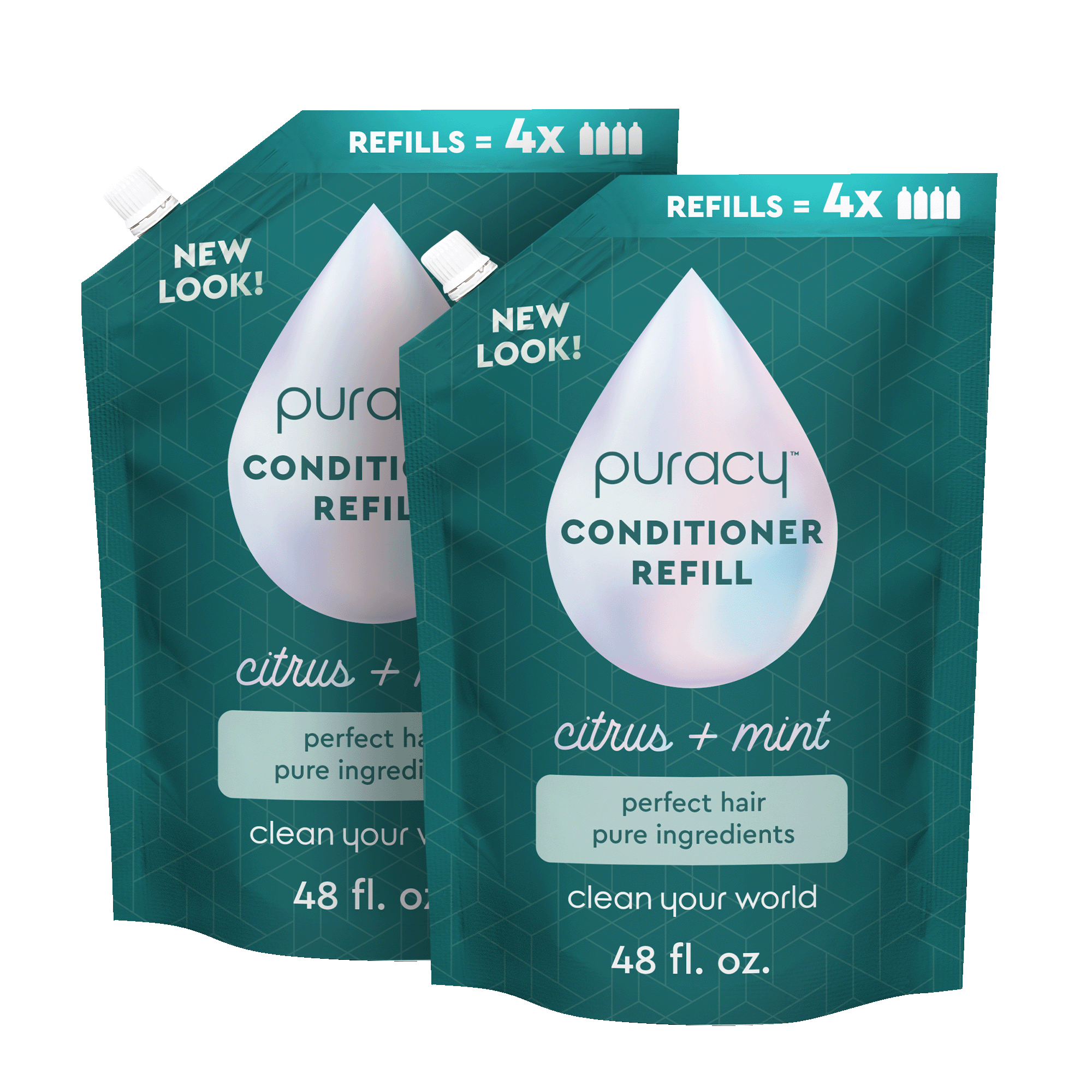 The pair of teal pouches of Puracy Conditioner Refill, 48 fl. oz each, featuring the New Look label, deliver deep hydration with natural essential oils and are free from silicones, dimethicone, and sulfates.