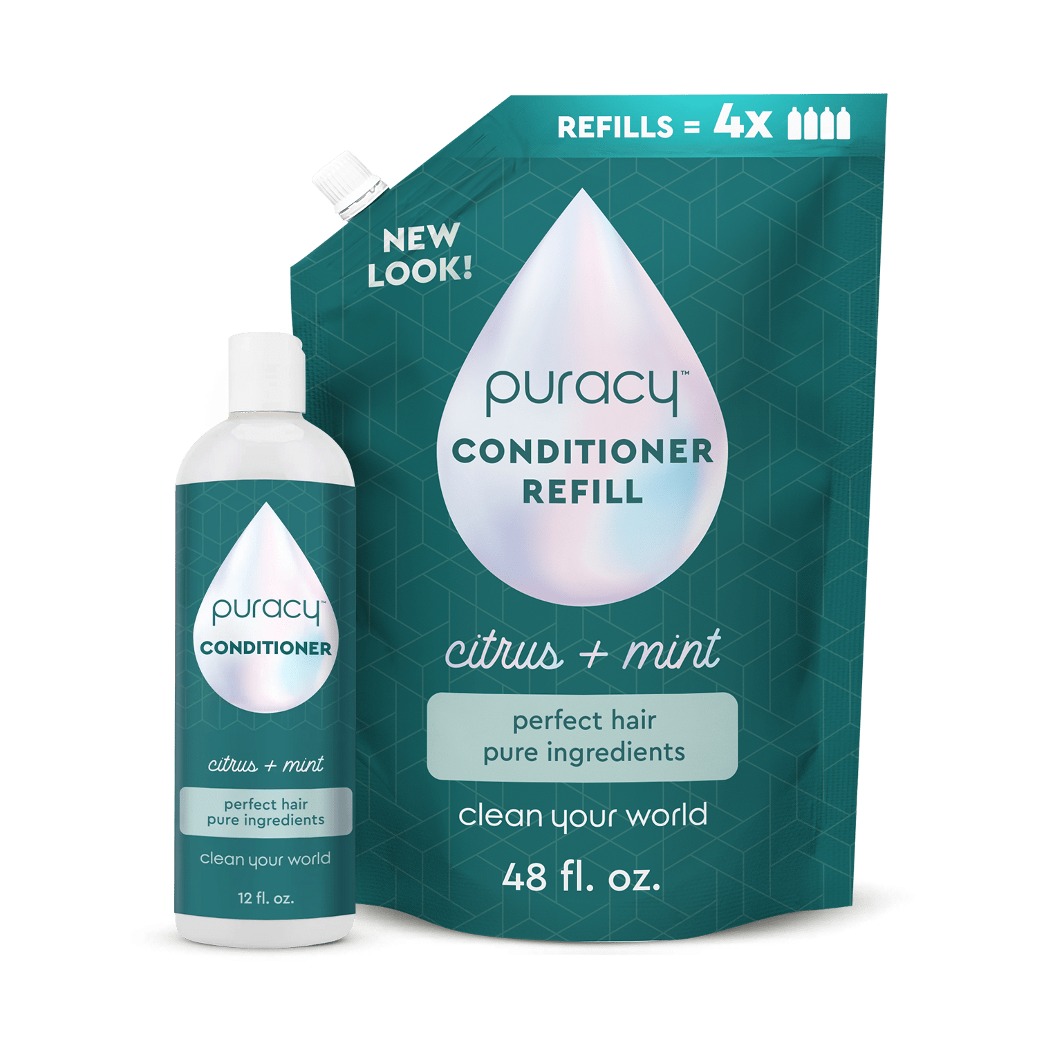 The Puracy Silicone/Dimethicone/Sulfate-Free Conditioner and Refill Pouch, 48 fl oz, provides deep hydration using natural essential oils and features a clean design. Experience a nourishing treatment that revitalizes your hair with every use of this sulfate-free formula.