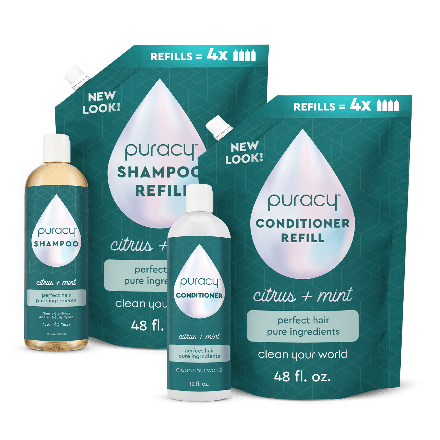 The Puracy Shampoo & Conditioner Set in teal is vegan, sulfate-free, and paraben-free.