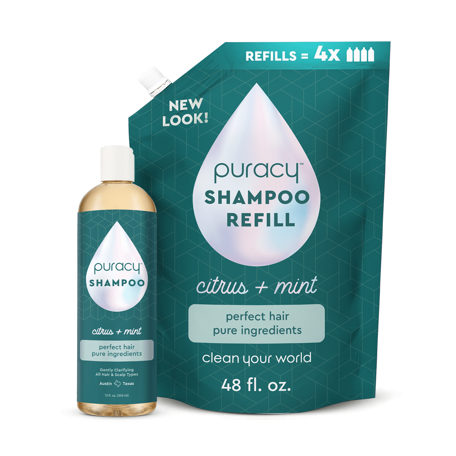 Puracy Shampoo (Sulfate/Paraben/Silicone-Free) featuring a citrus and mint scent, available in a 48 fl. oz bottle and refill pouch, enriched with botanical extracts, set against a teal geometric background.