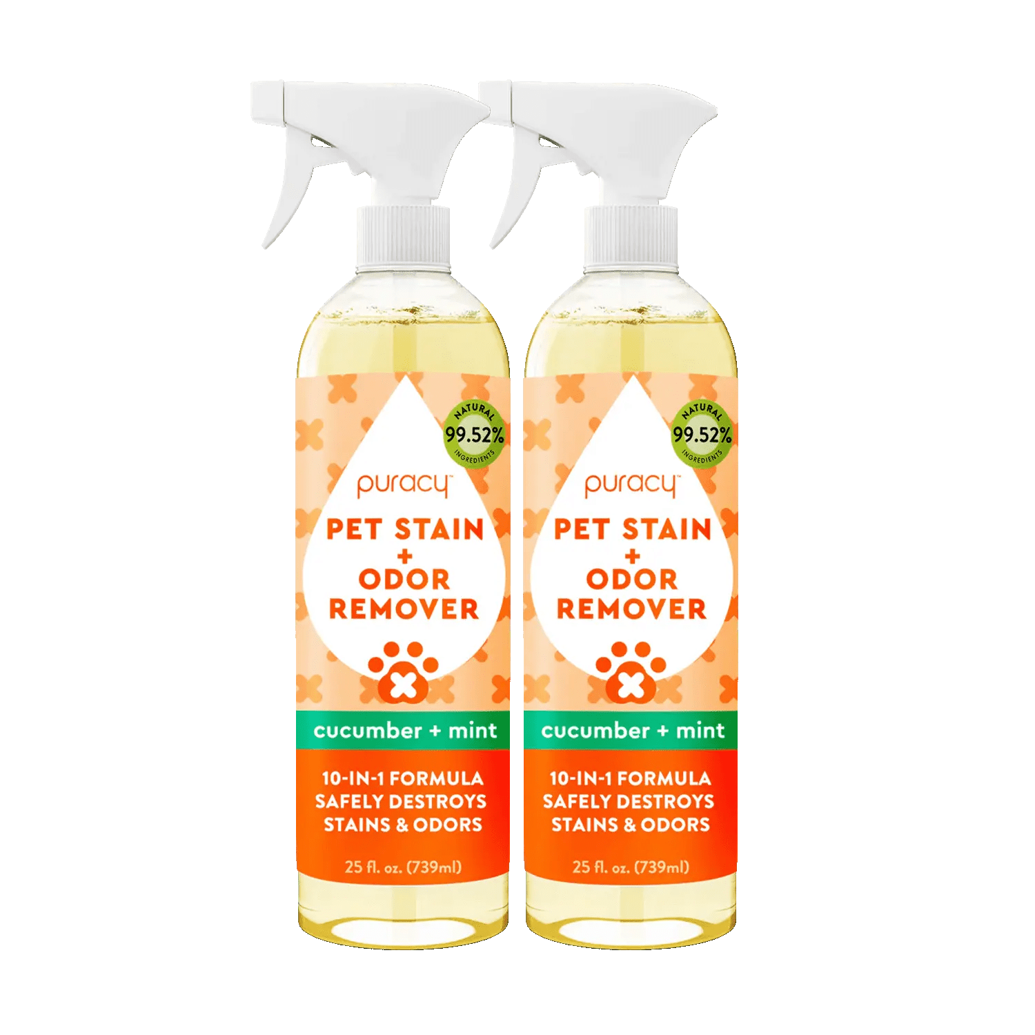Two bottles of Pet Stain & Odor Remover, enzyme-powered, cucumber mint scent, with spray nozzles.