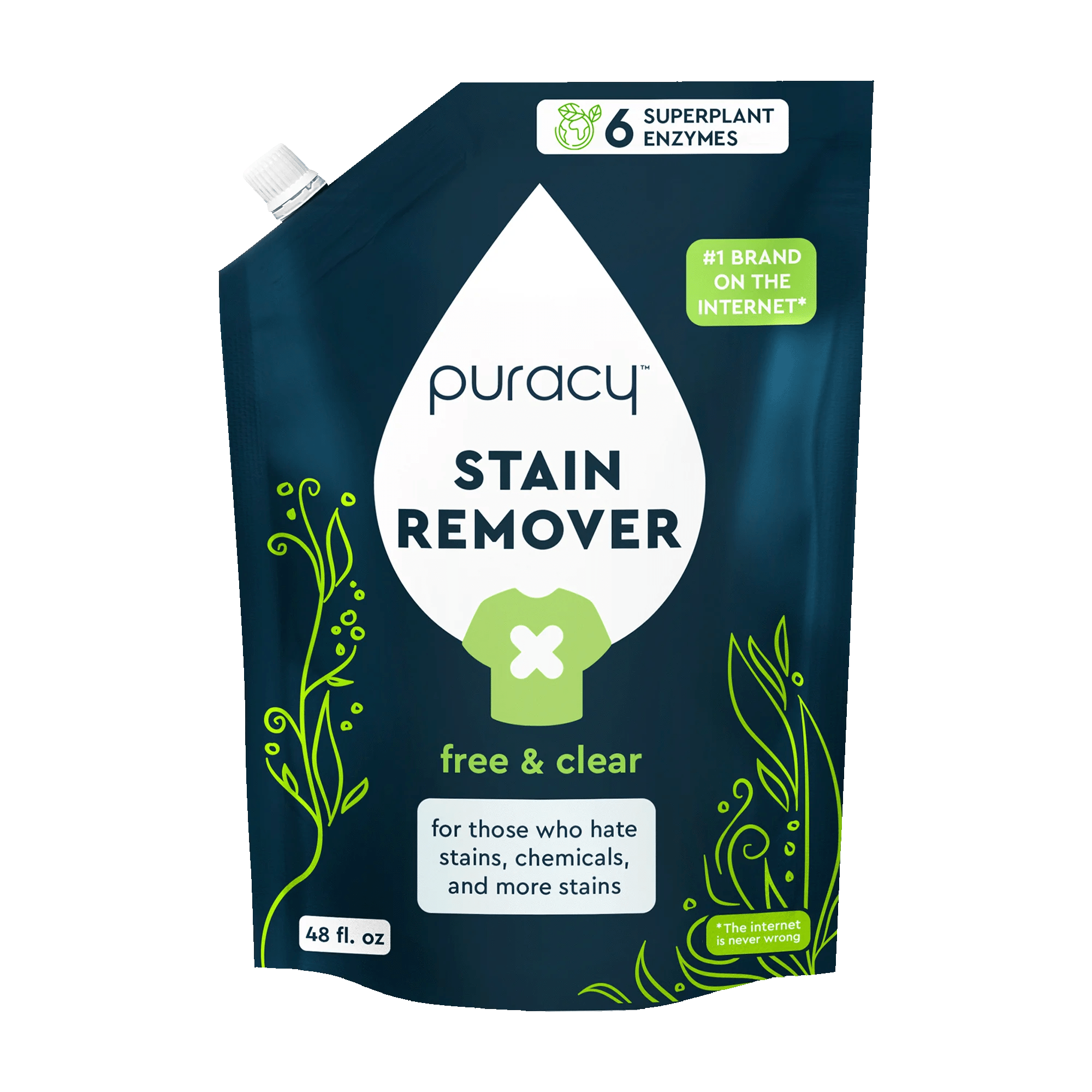 Puracy Laundry Stain Remover pouch: hypoallergenic with green design and superplant enzymes.