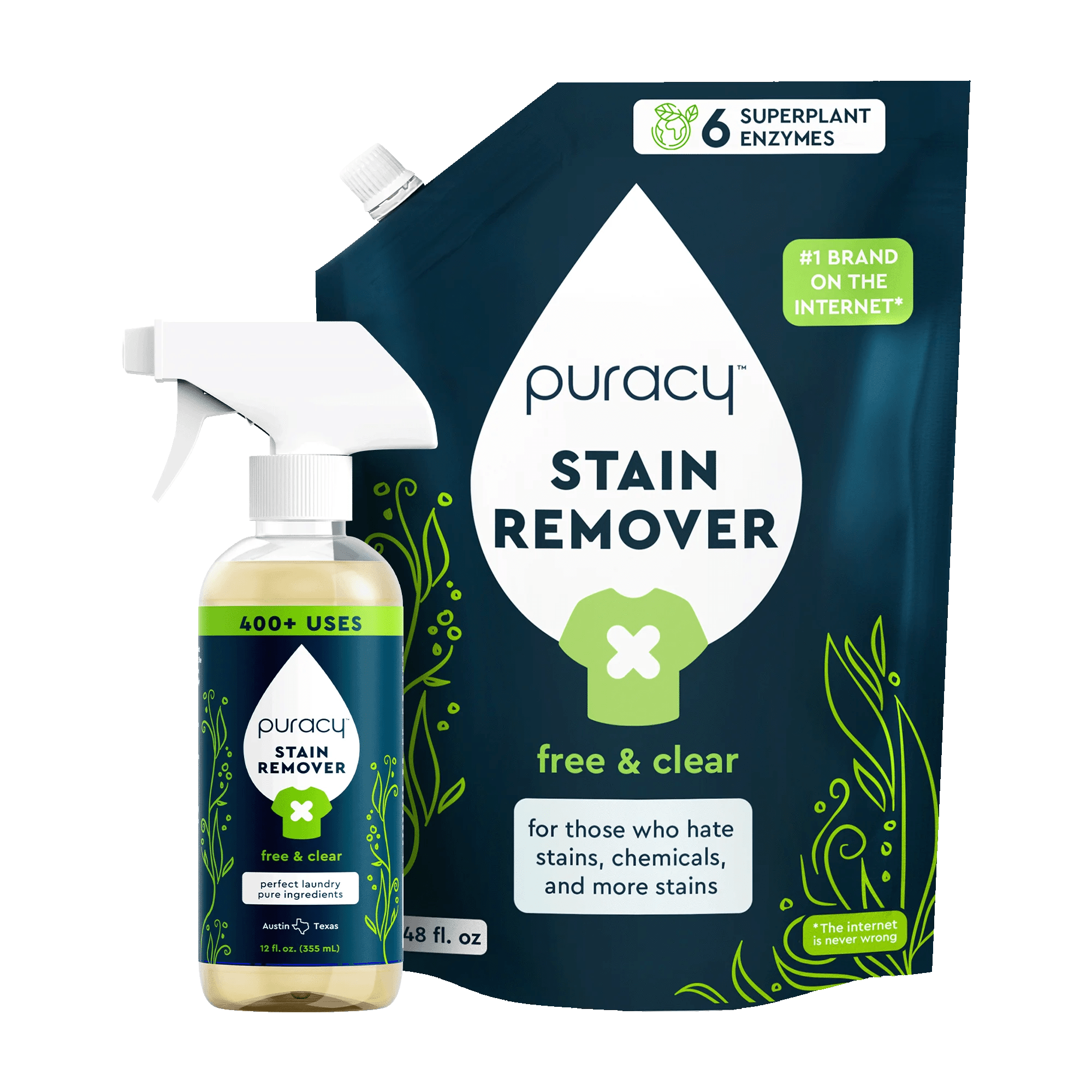 Puracy Laundry Stain Remover bottle and refill pouch with green plant design on dark background.