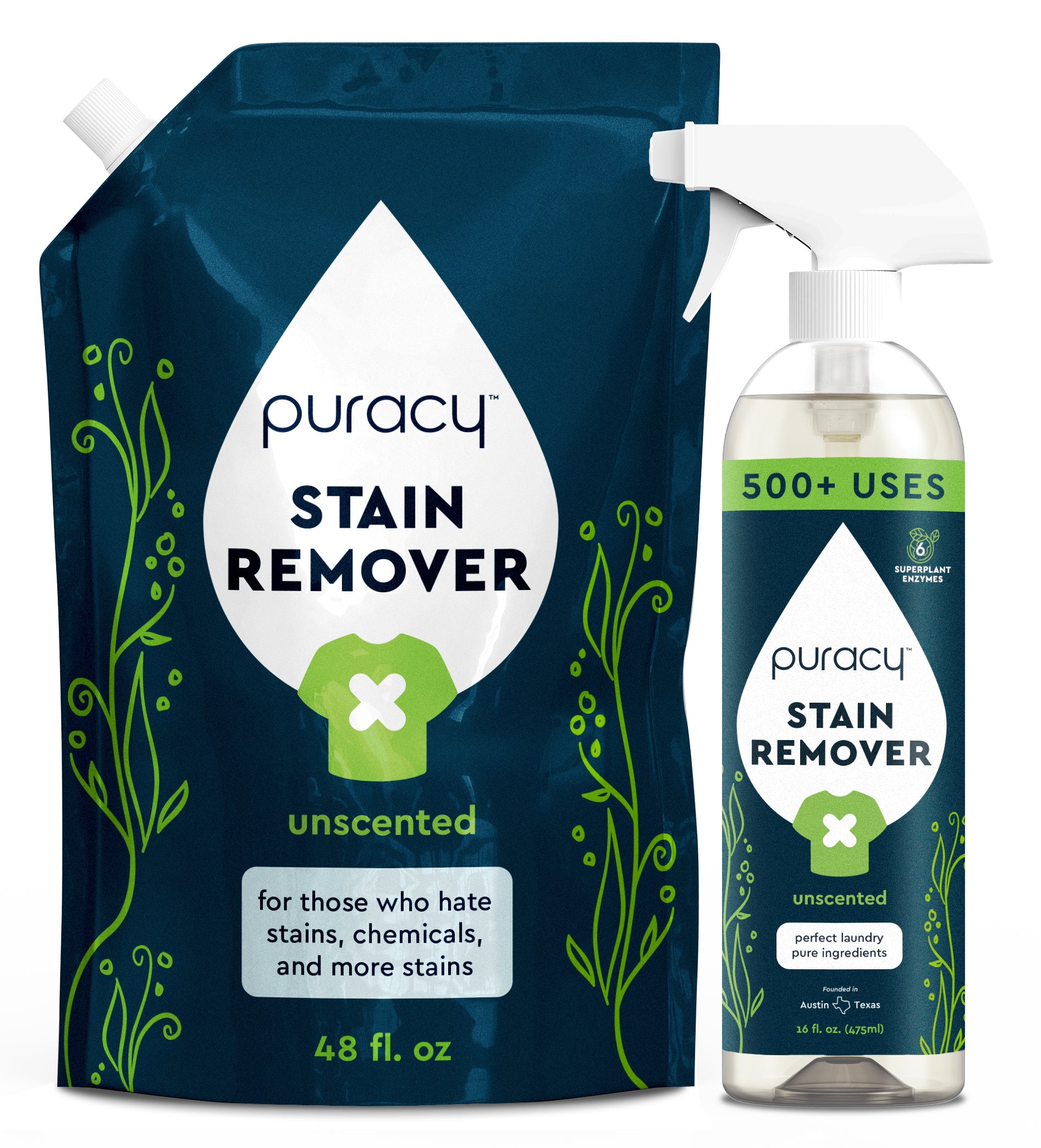 Laundry Stain Remover with stain-fighting enzymes in a plant-based spray and refill pouch. #common