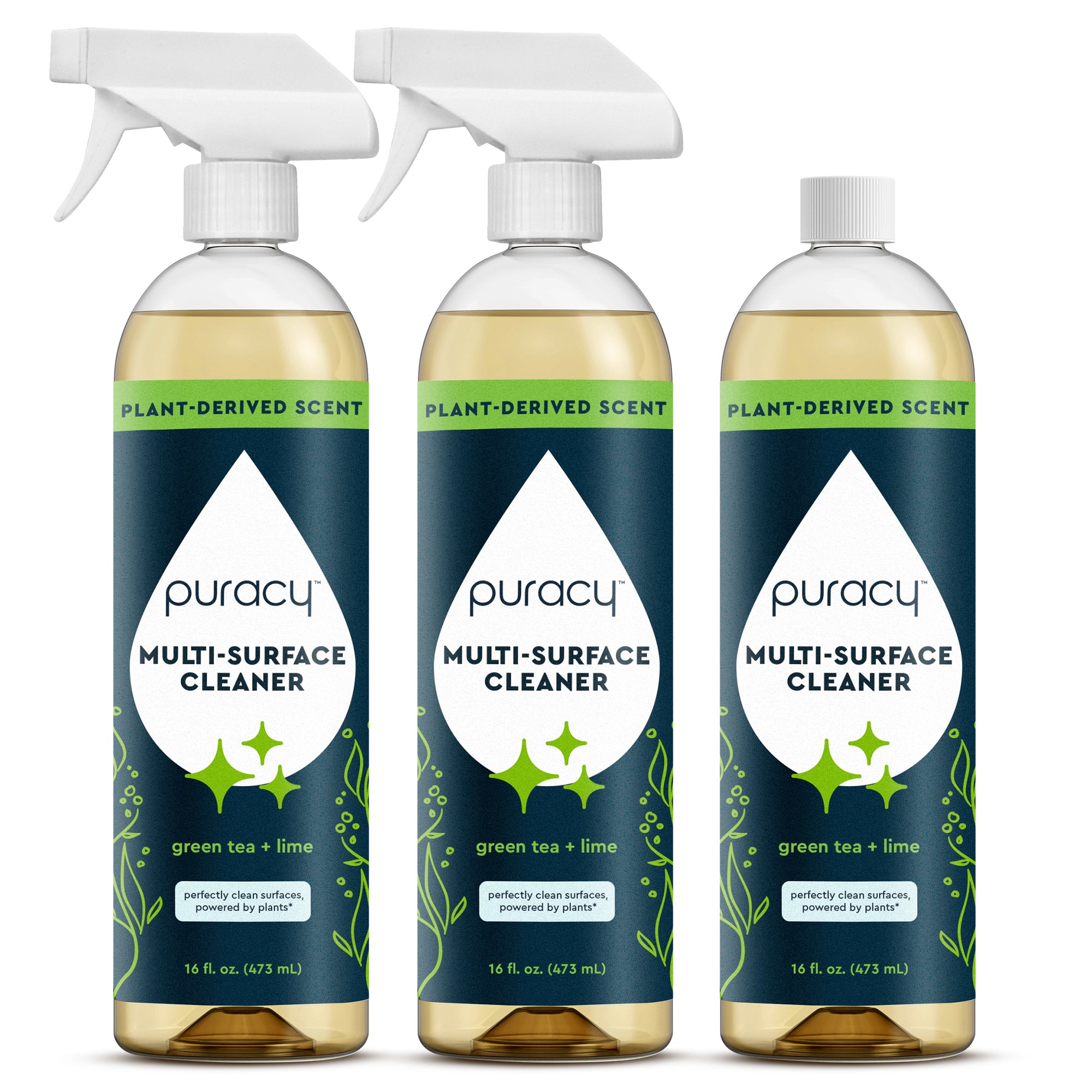 Three bottles of Multi-Surface Cleaner Spray, plant-powered, green tea & lime scent, plant-based label.