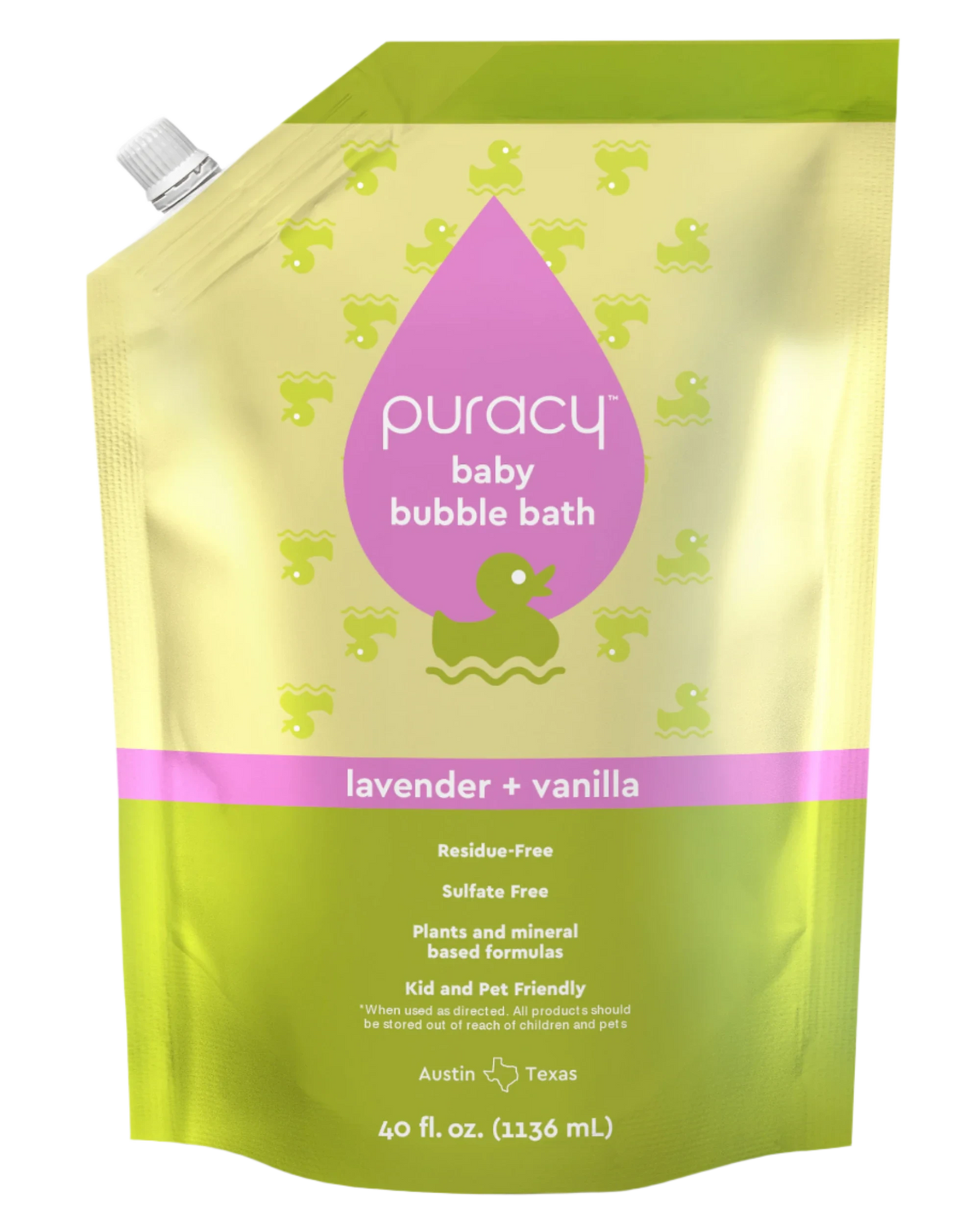 The Baby Bubble Bath (Hypoallergenic) pouch is perfect for sensitive skin, offering a soothing lavender vanilla scent. This 40 fl. oz. vegan formula comes in a charming package with a duck illustration, providing gentle and delightful bubble soap for your little one's bath time.