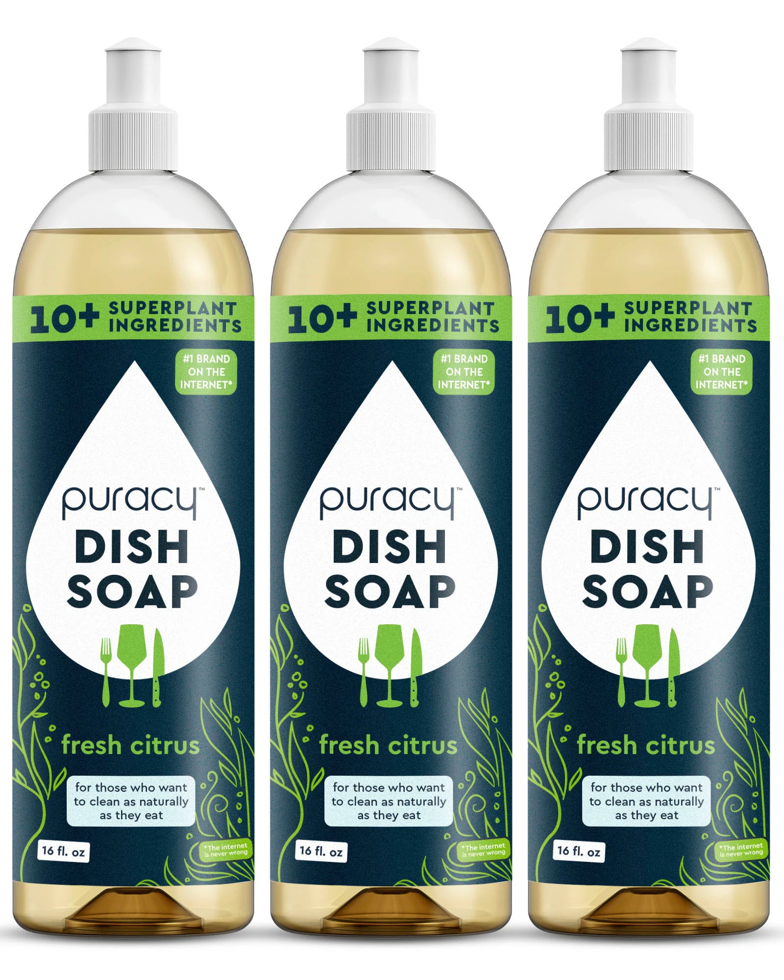 Three bottles of Puracy Dish Soap with green labels and plant illustrations.
