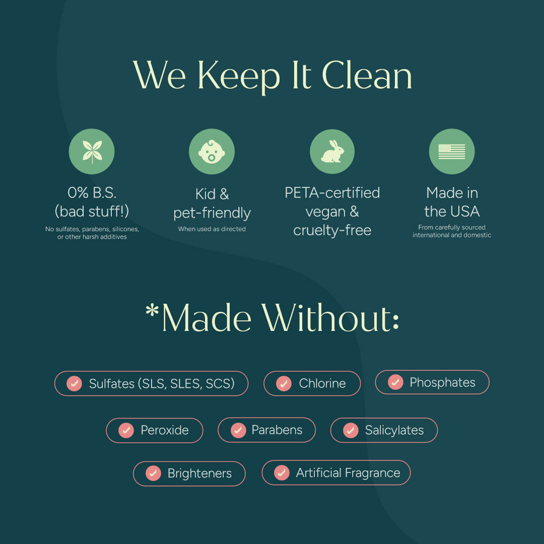 Infographic lists clean, vegan, streak-free claims & avoided ingredients for Screen Cleaner (New Arrival).