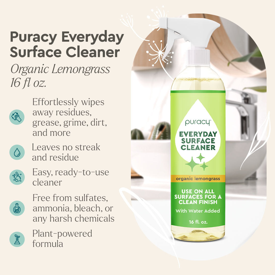 A bottle of Everyday Multi-Surface Cleaner sits on a kitchen counter with features listed.