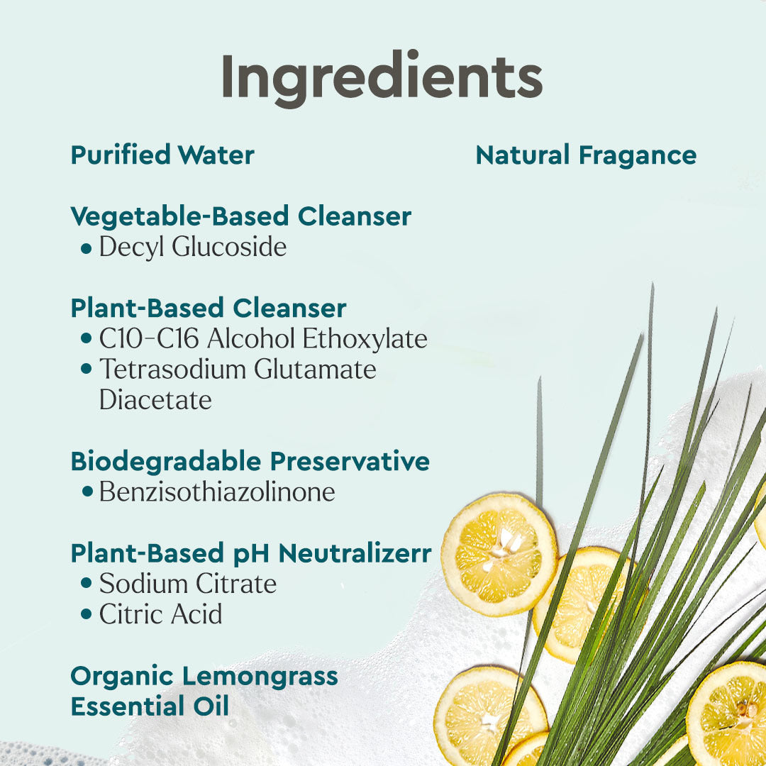 Everyday Multi-Surface Cleaner: plant-powered with lemon, green leaves & clear liquid on light background.
