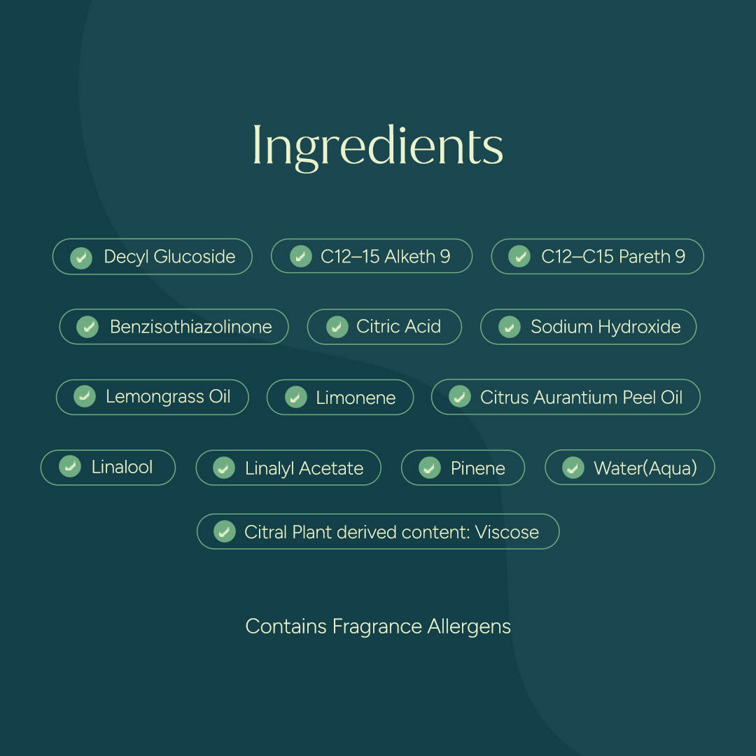 Ingredients list on a green background for Multi-Surface Cleaner Wipes, including oils, acids, botanicals.#common