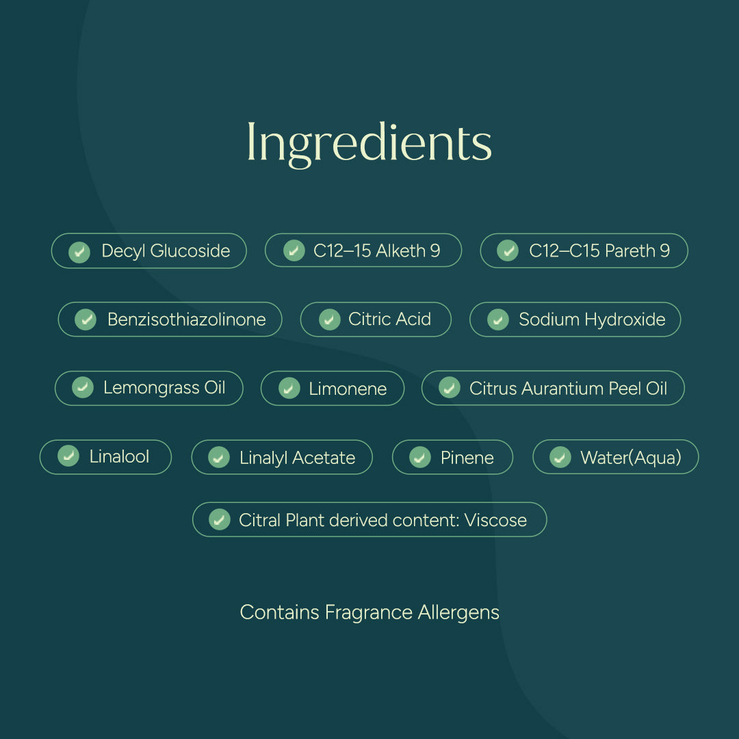 Ingredients list on a green background for Multi-Surface Cleaner Wipes, including oils, acids, botanicals.#common