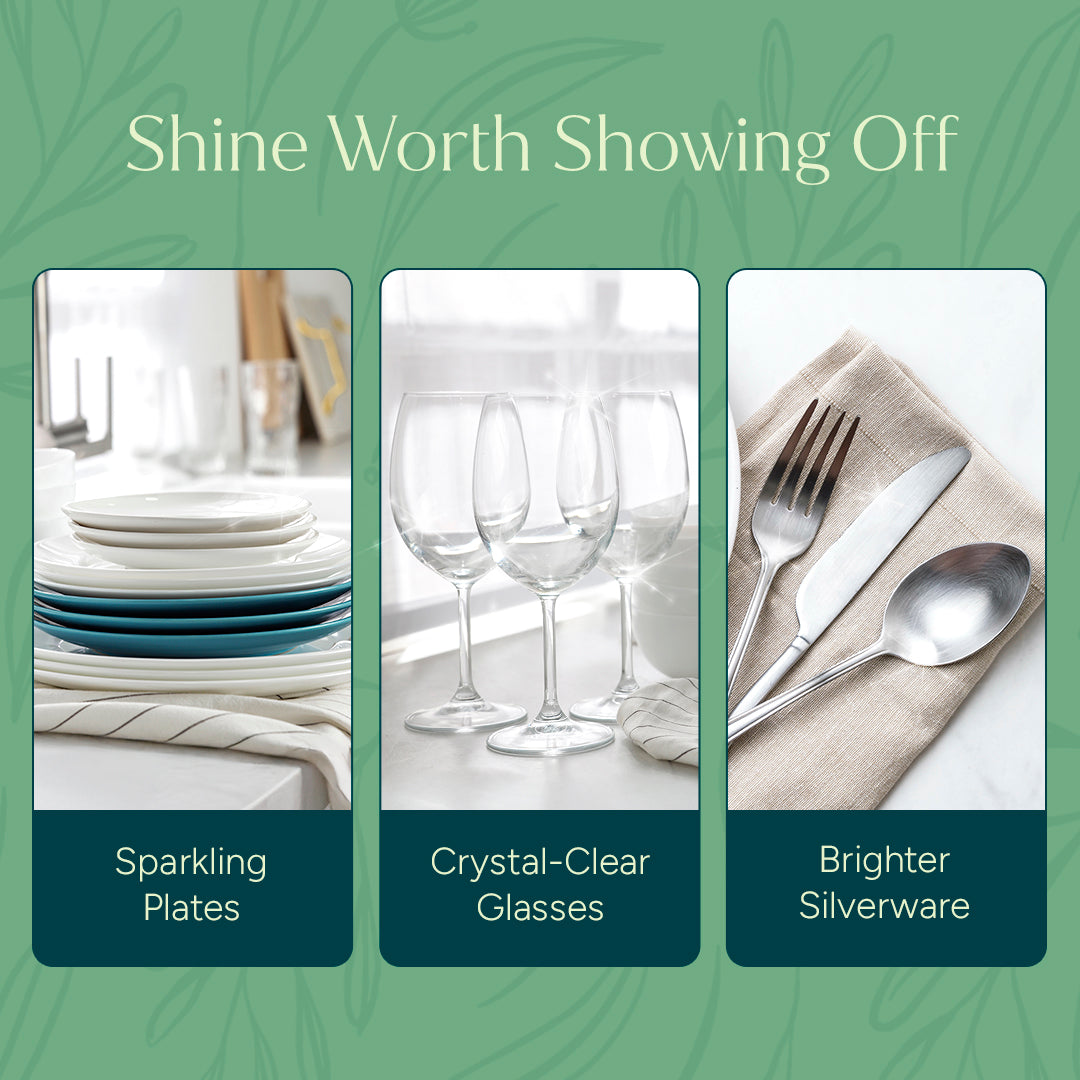 Three panels show spotless dishes and glasses, clean silverware with Dishwasher Rinse Aid on green.
