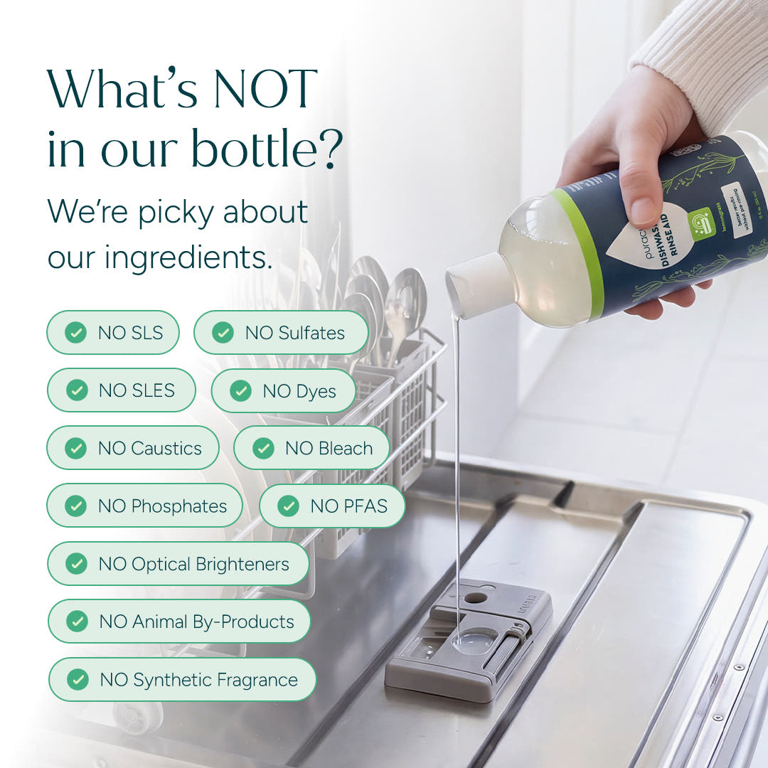 Person pours Dishwasher Rinse Aid into dishwasher; excluded ingredients listed on the left side.