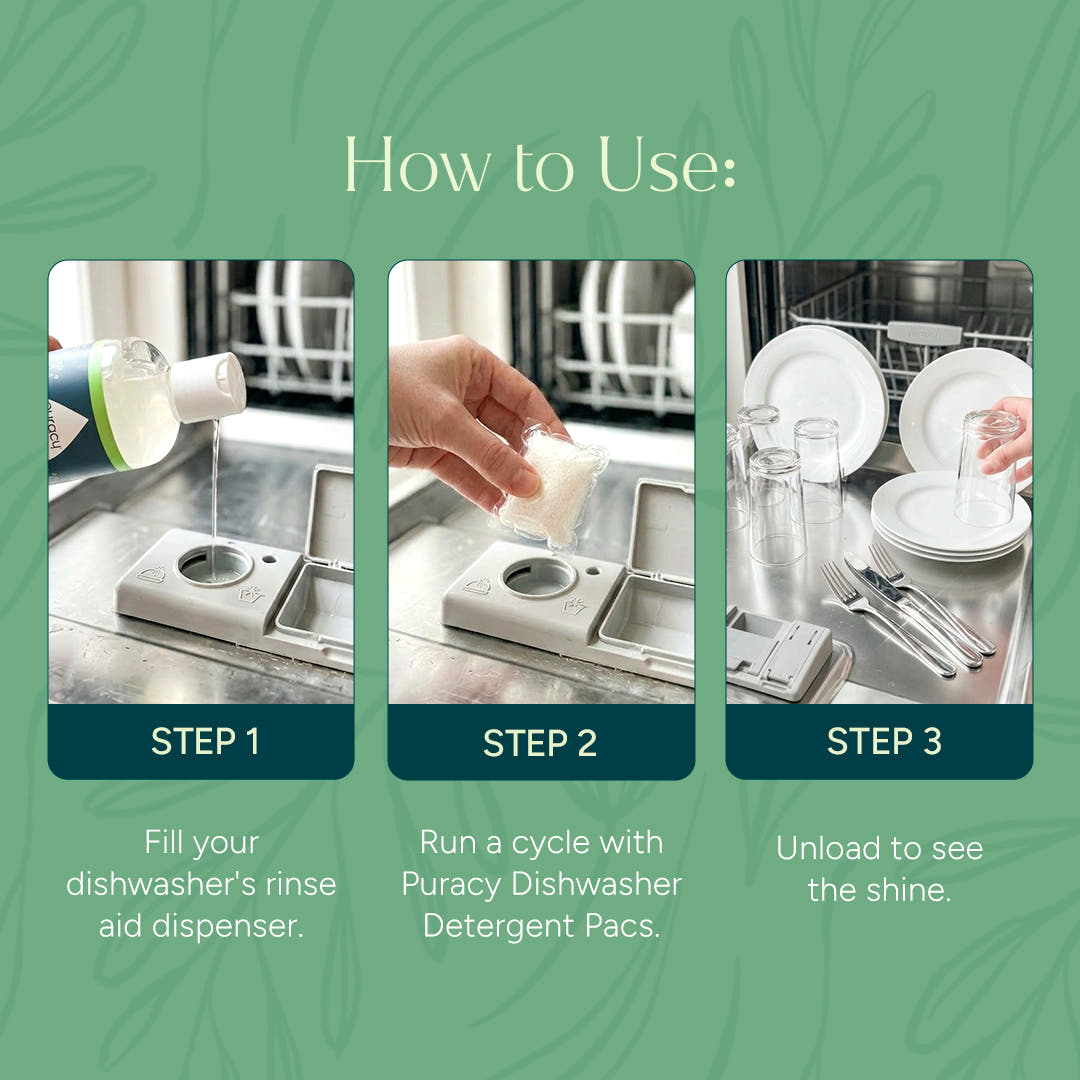 Fill Dishwasher Rinse Aid, add detergent pac, unload shiny dishes from the dishwasher.