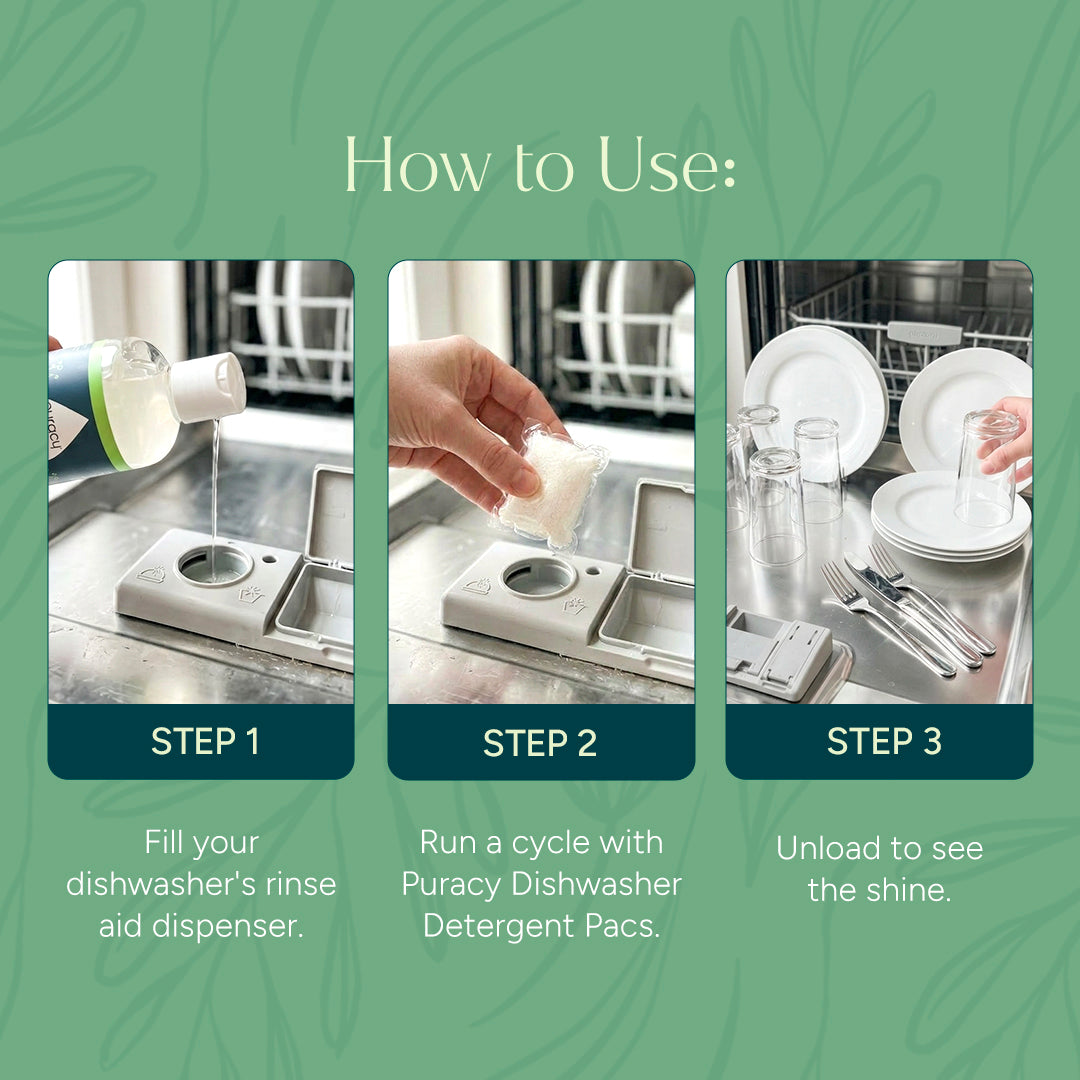 Fill Dishwasher Rinse Aid, add detergent pac, unload shiny dishes from the dishwasher.