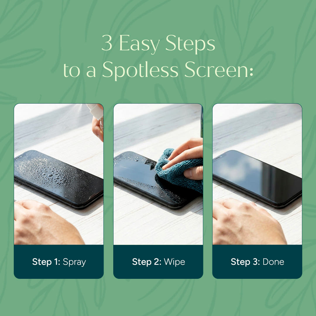 Three steps: spray Screen Cleaner (New Arrival), wipe with microfiber cloth, enjoy streak-free screens.