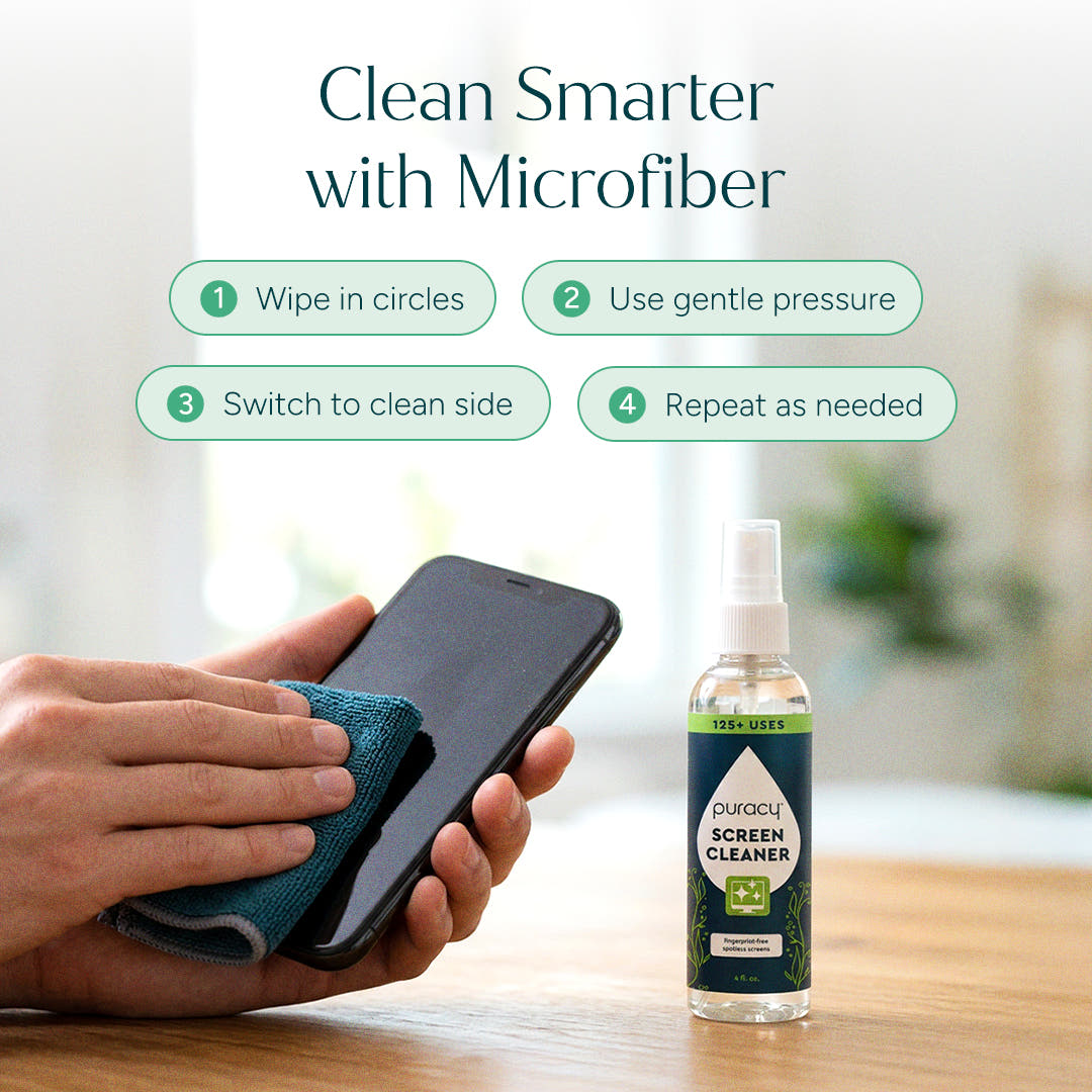 Use Screen Cleaner (New Arrival) and a microfiber cloth for a streak-free shine; helpful tips included.