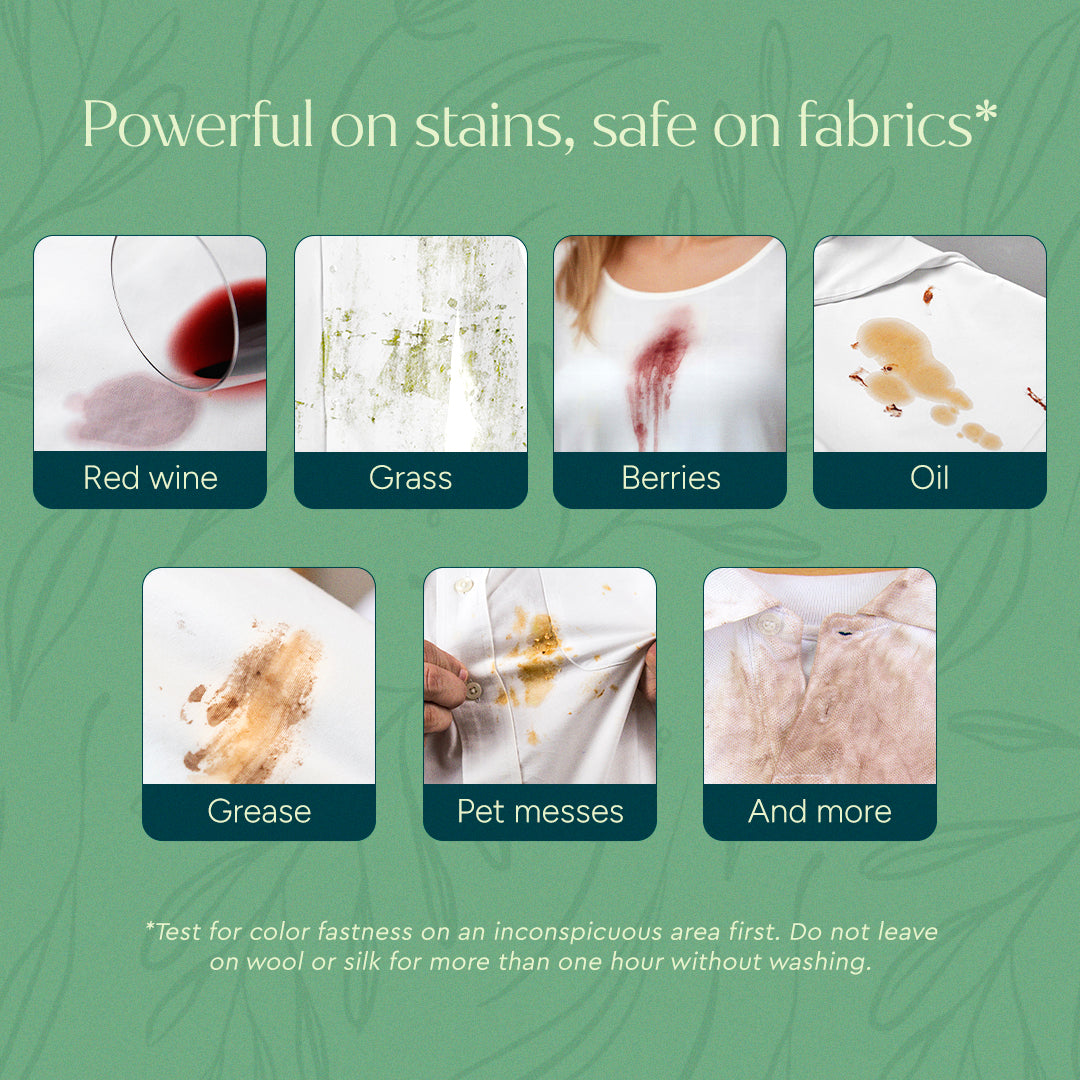 Six images show white fabric stains cleaned by Laundry Stain Remover - 12oz (Trial size), tough yet gentle.