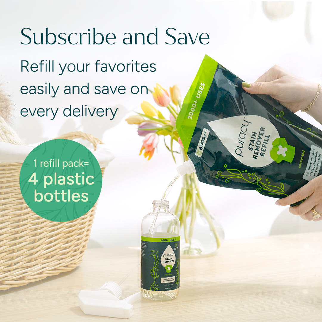 A hand pours Laundry Stain Remover for New Customers; text highlights saving plastic with refill packs.