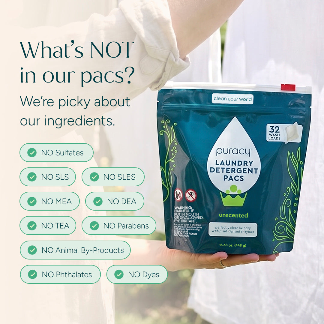 A hand holds a bag of Laundry Detergent Pacs, featuring powerful stain removal and no harsh chemicals.