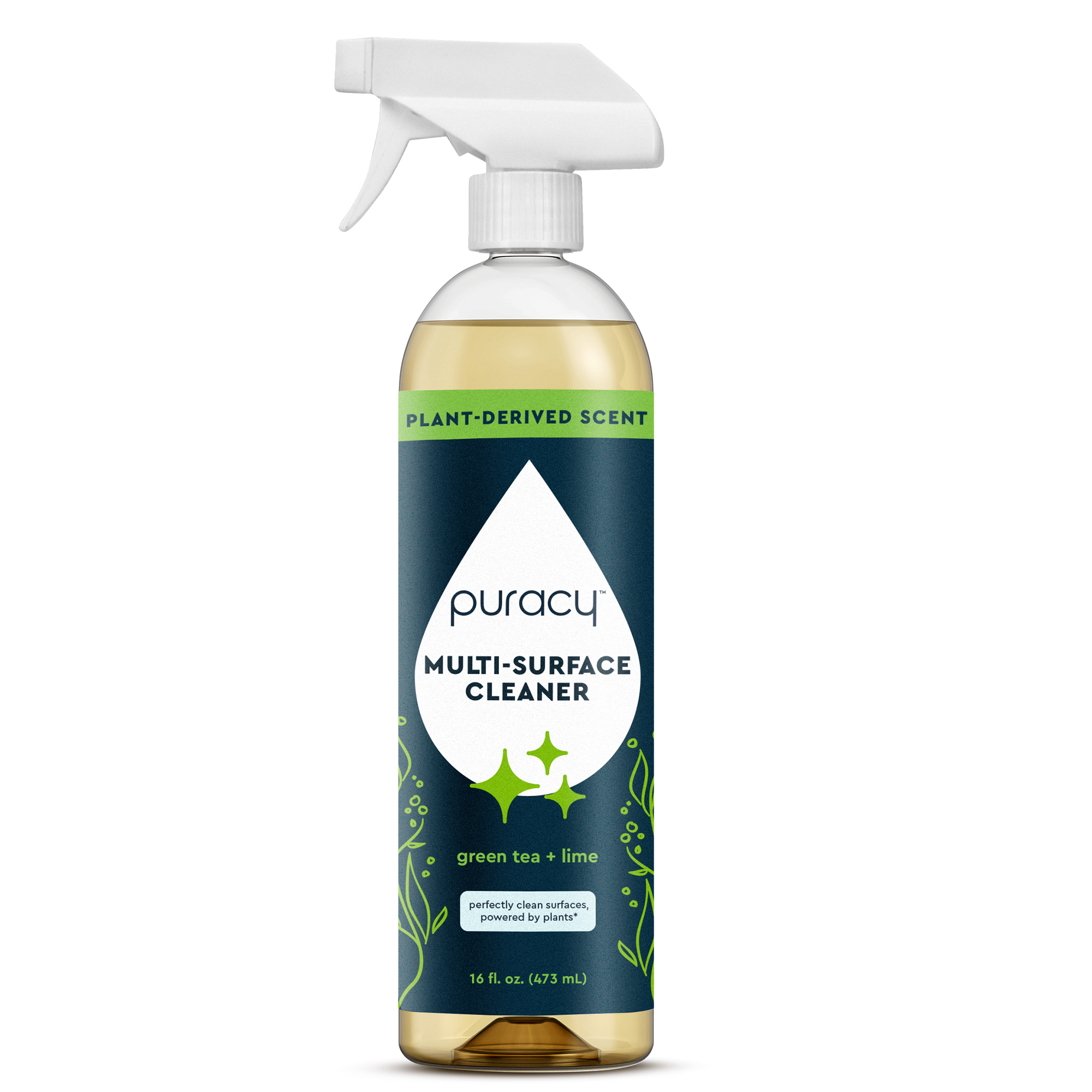 A bottle of Multi-Surface Cleaner Spray, green tea & lime scent, with spray nozzle.