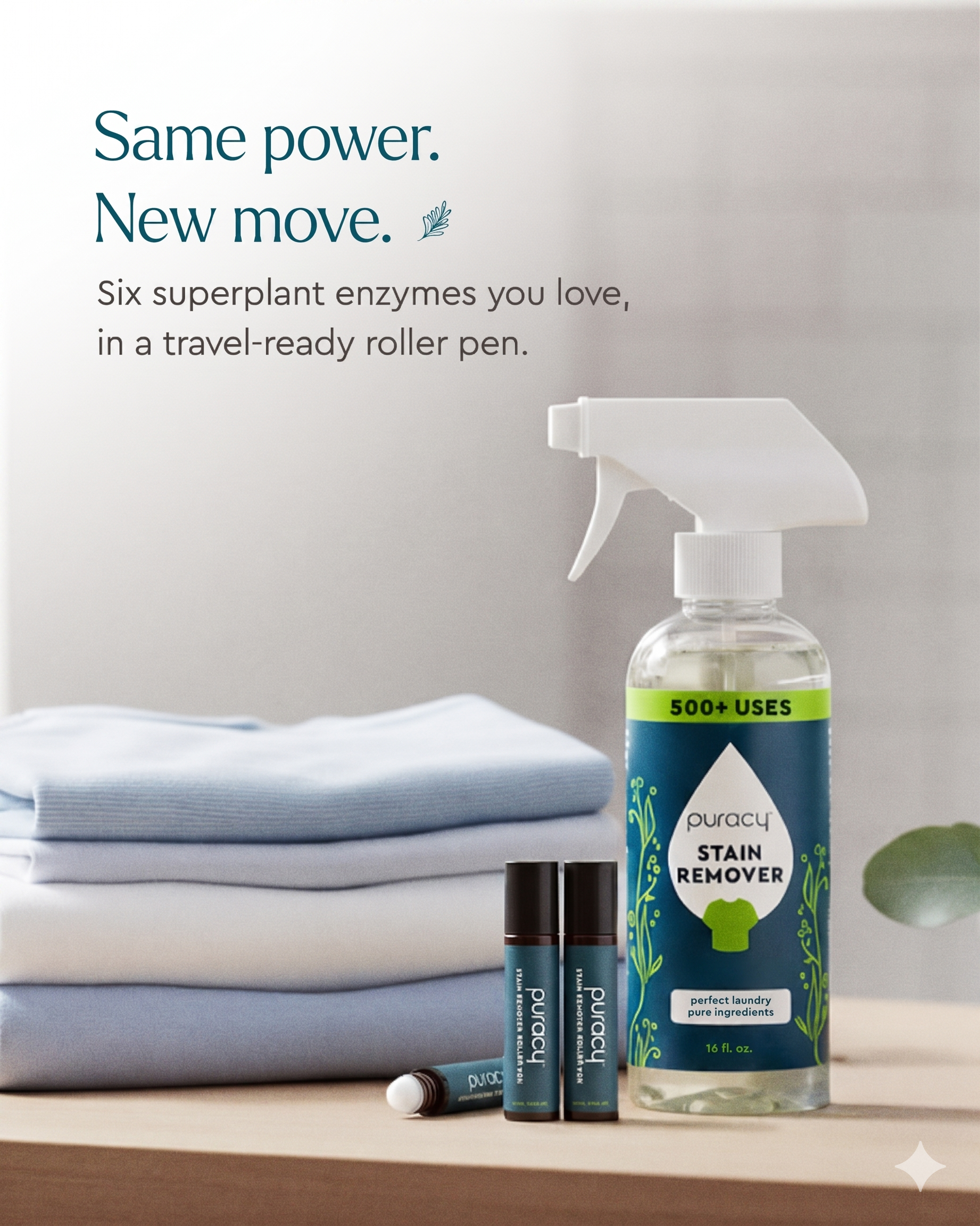 A Stain Remover Roller Pen 3-Pack and free 4-oz bottle sit by folded blue and white clothes.