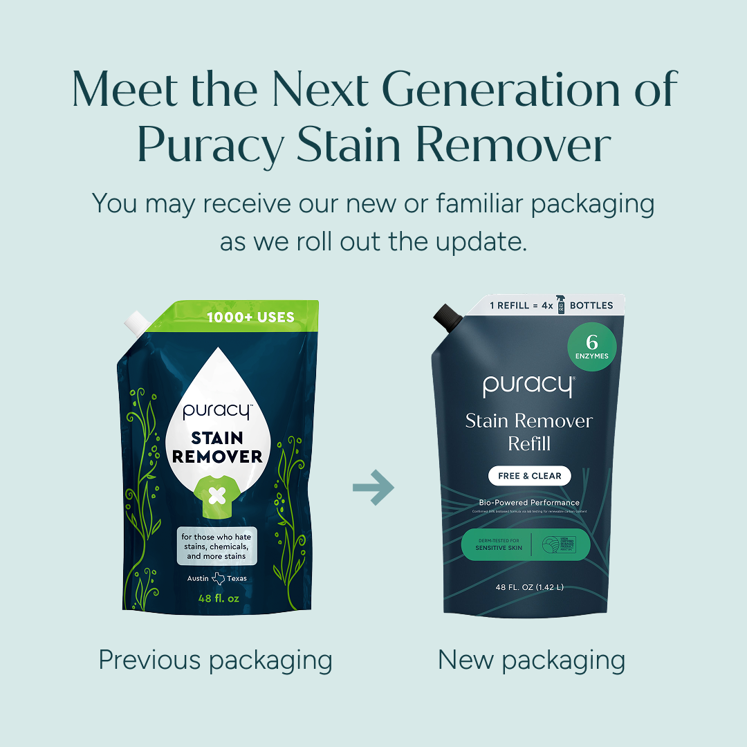 Two Laundry Stain Remover pouches shown side by side in previous and new packaging.