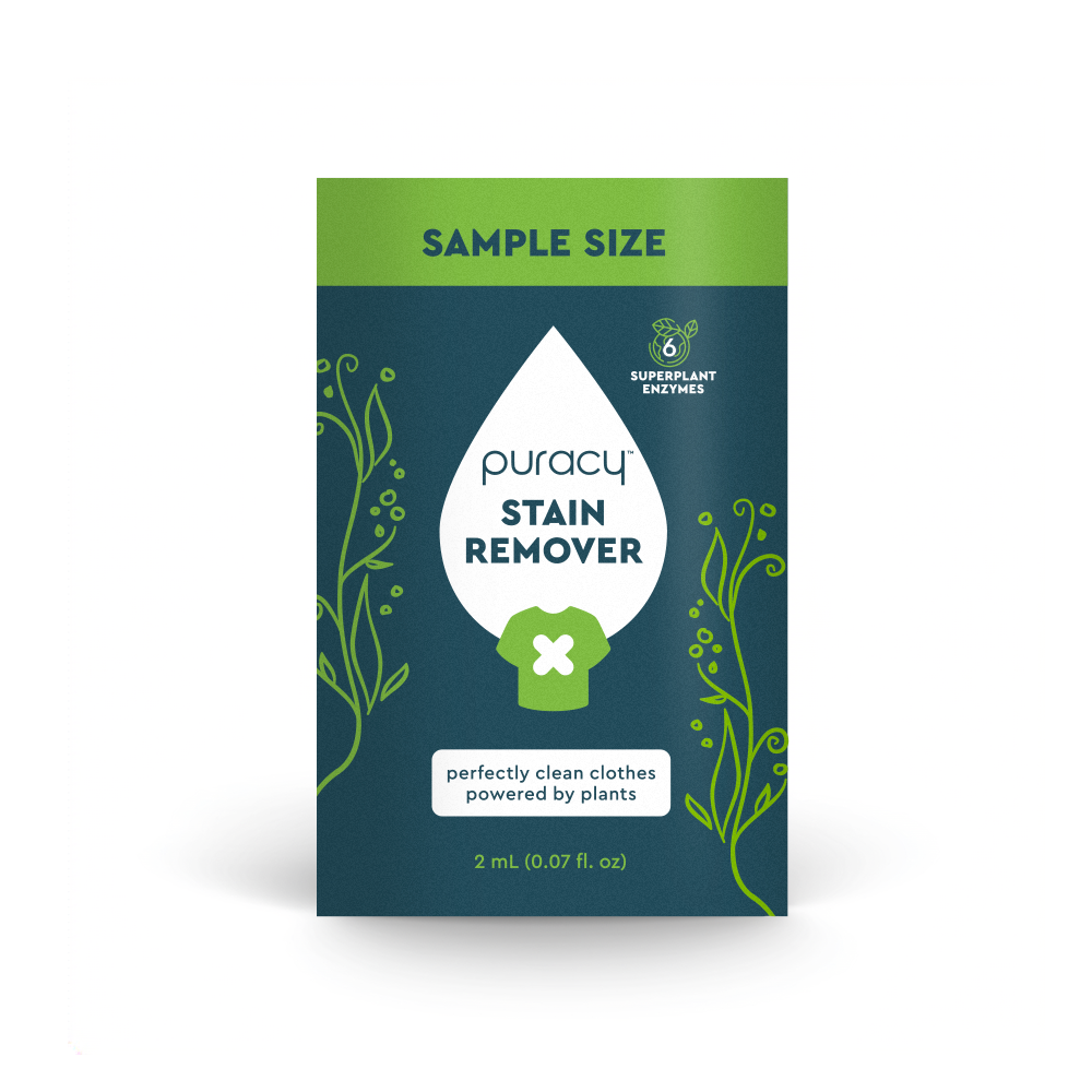 Stain Remover Sample, 2 ml, green/white/blue design, helps remove stains easily.