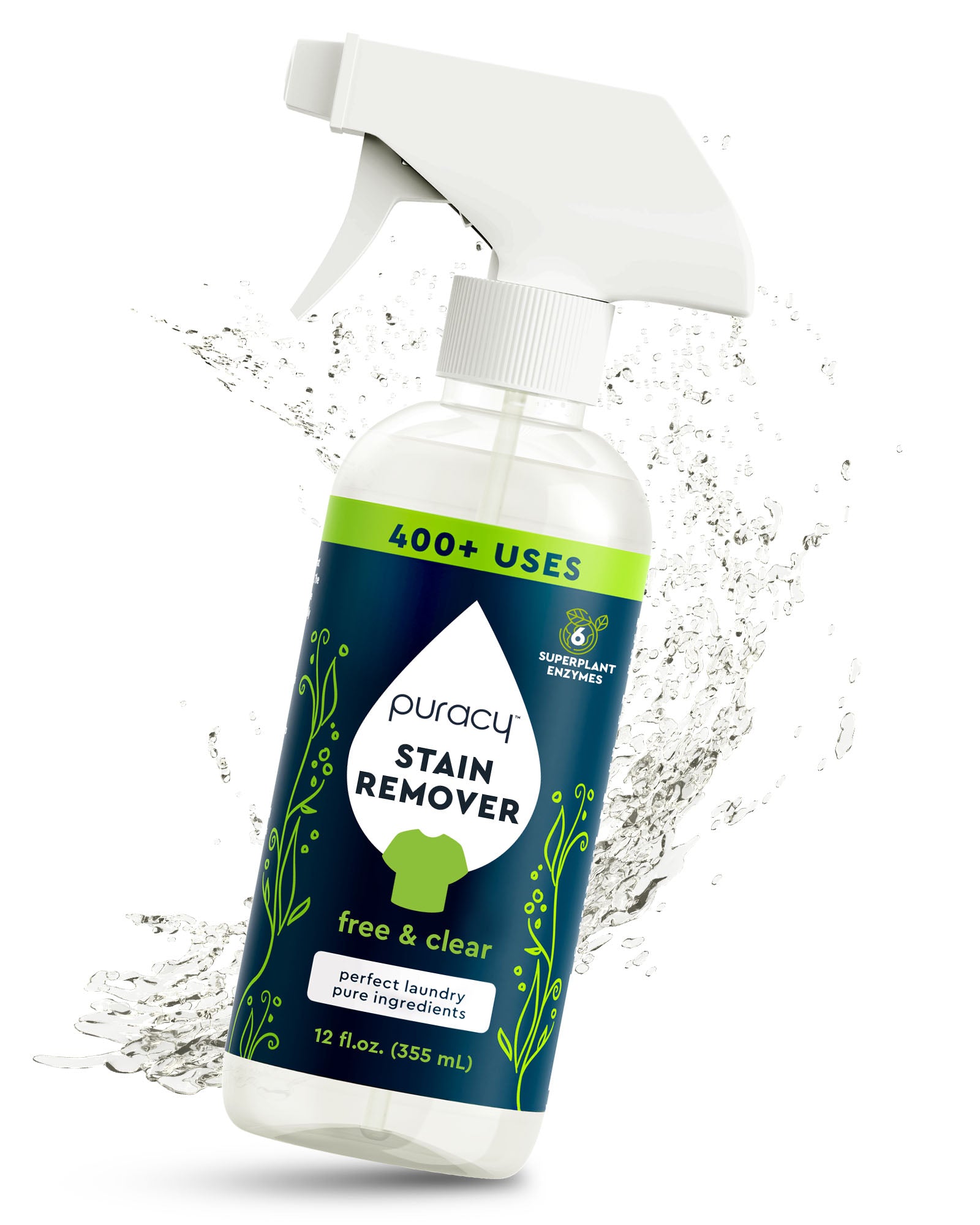 Laundry Stain Remover spray bottle with water splashing, labeled for 400+ uses.