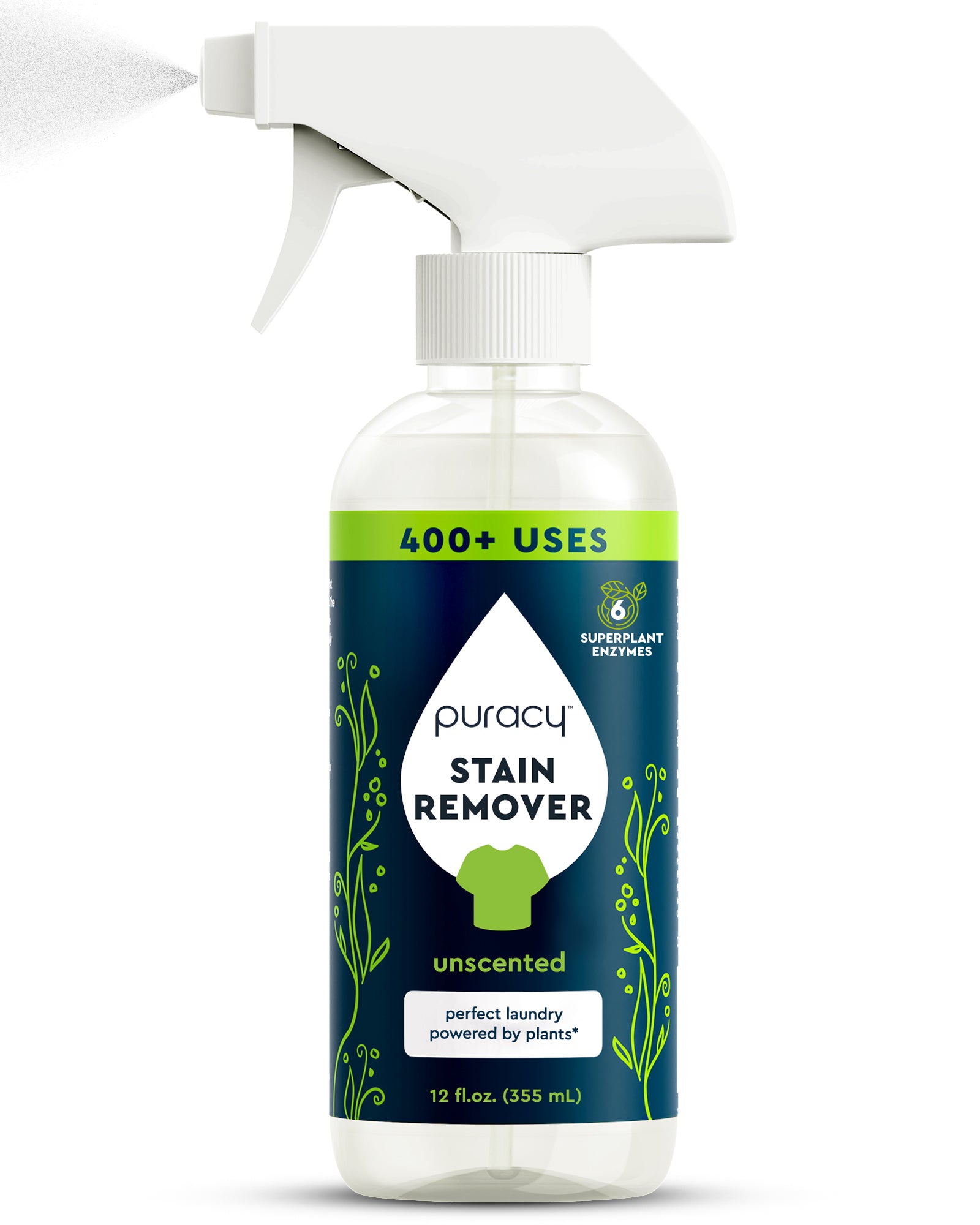 Laundry Stain Remover - 12oz: Unscented, plant-based spray with green label; 400+ laundry stain uses.