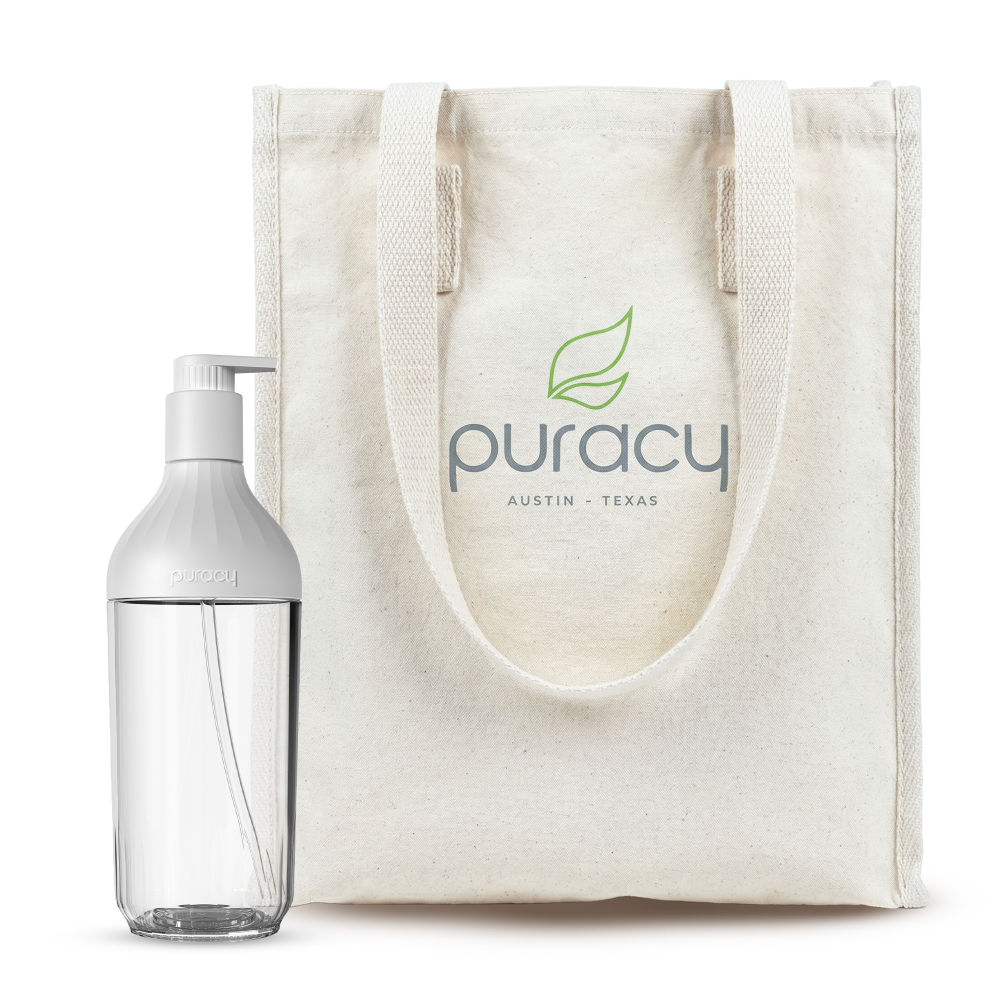 Hand Wash Bottle + Tote Bag featuring the Puracy logo and Austin, Texas printed on the cream tote.