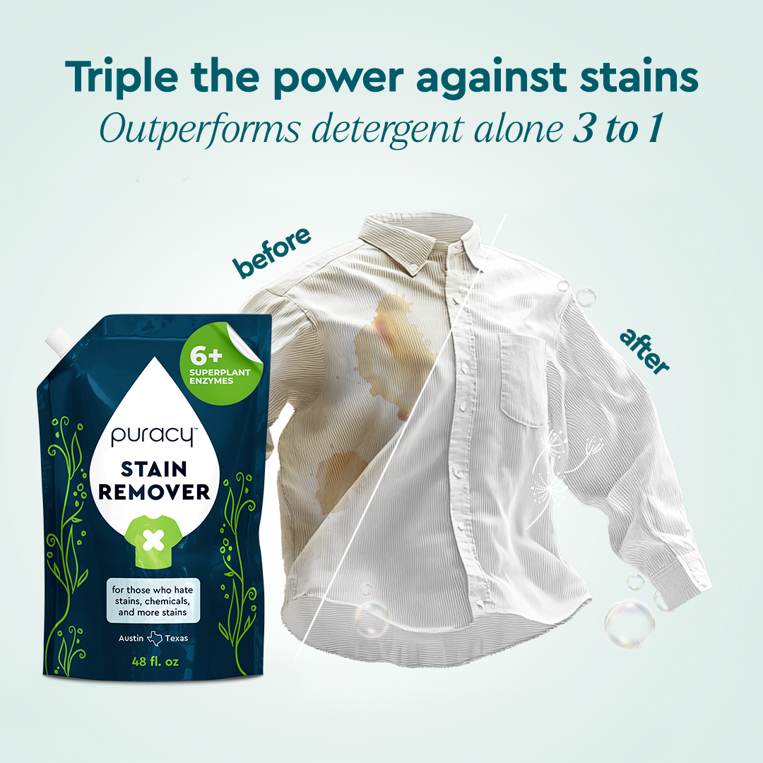 A stained shirt becomes clean after using Laundry Stain Remover, shown next to the pouch.