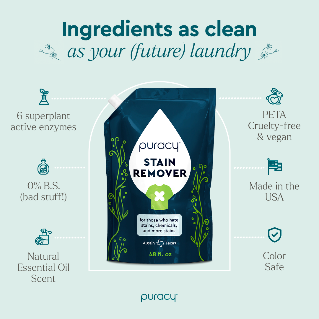Puracy Laundry Stain Remover: hypoallergenic, plant-based, cruelty-free, and made in the USA.