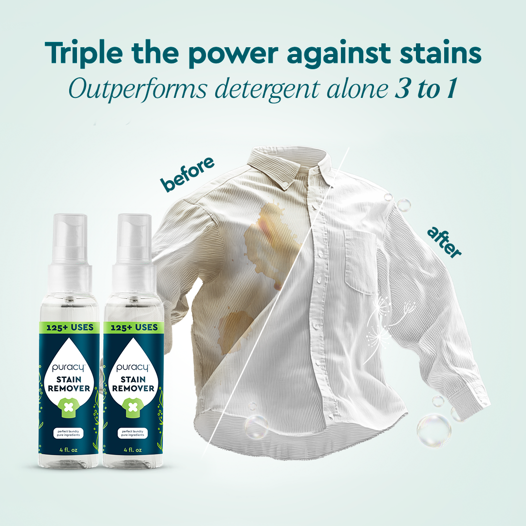A white shirt, half stained and half clean, with two Laundry Stain Remover bottles in front.